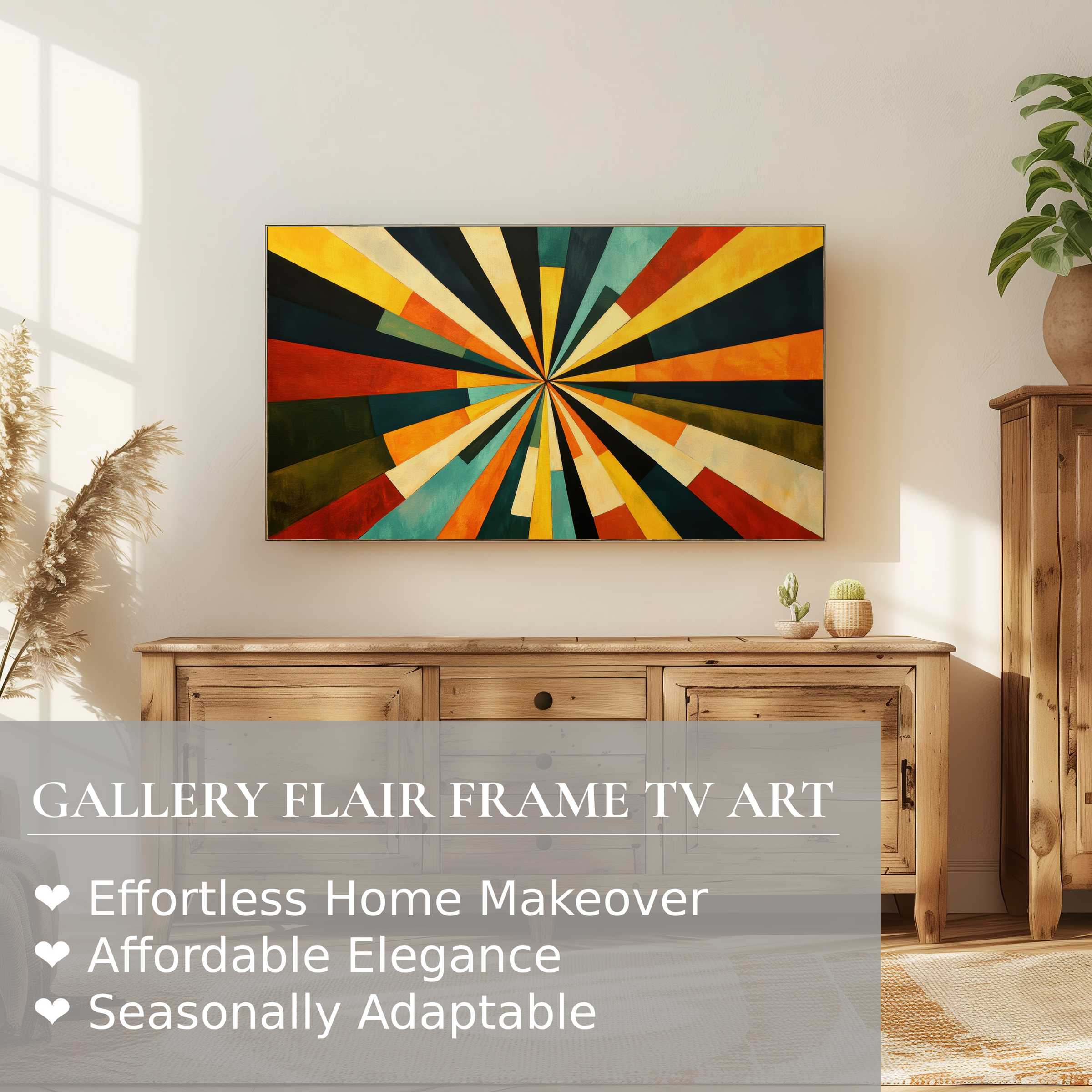 Samsung Frame TV showcasing vibrant modern digital artwork in a warm, stylish living space with natural wood accents
