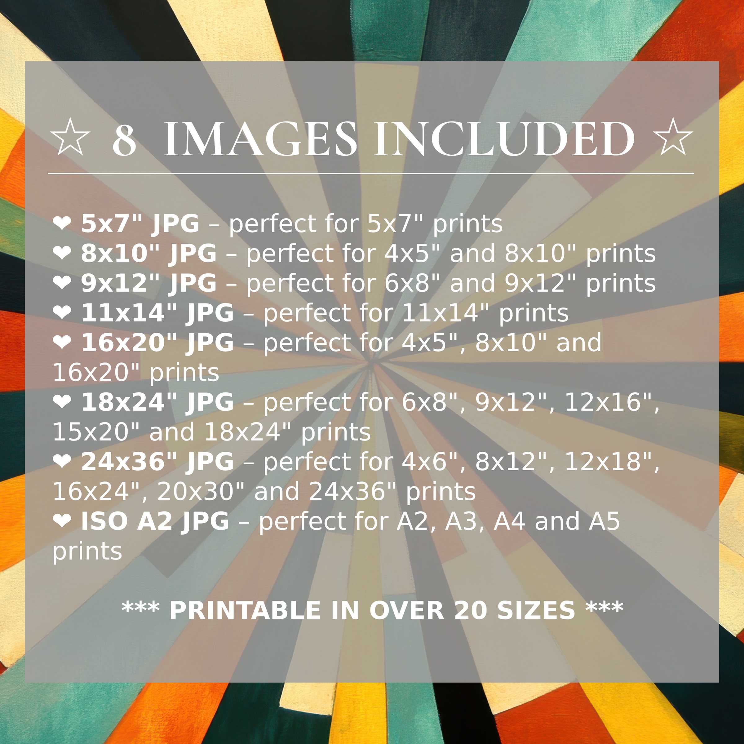 Radiant modern digital print with bold teal, orange, and gold tones, enhancing interiors with style and 8 sizes included