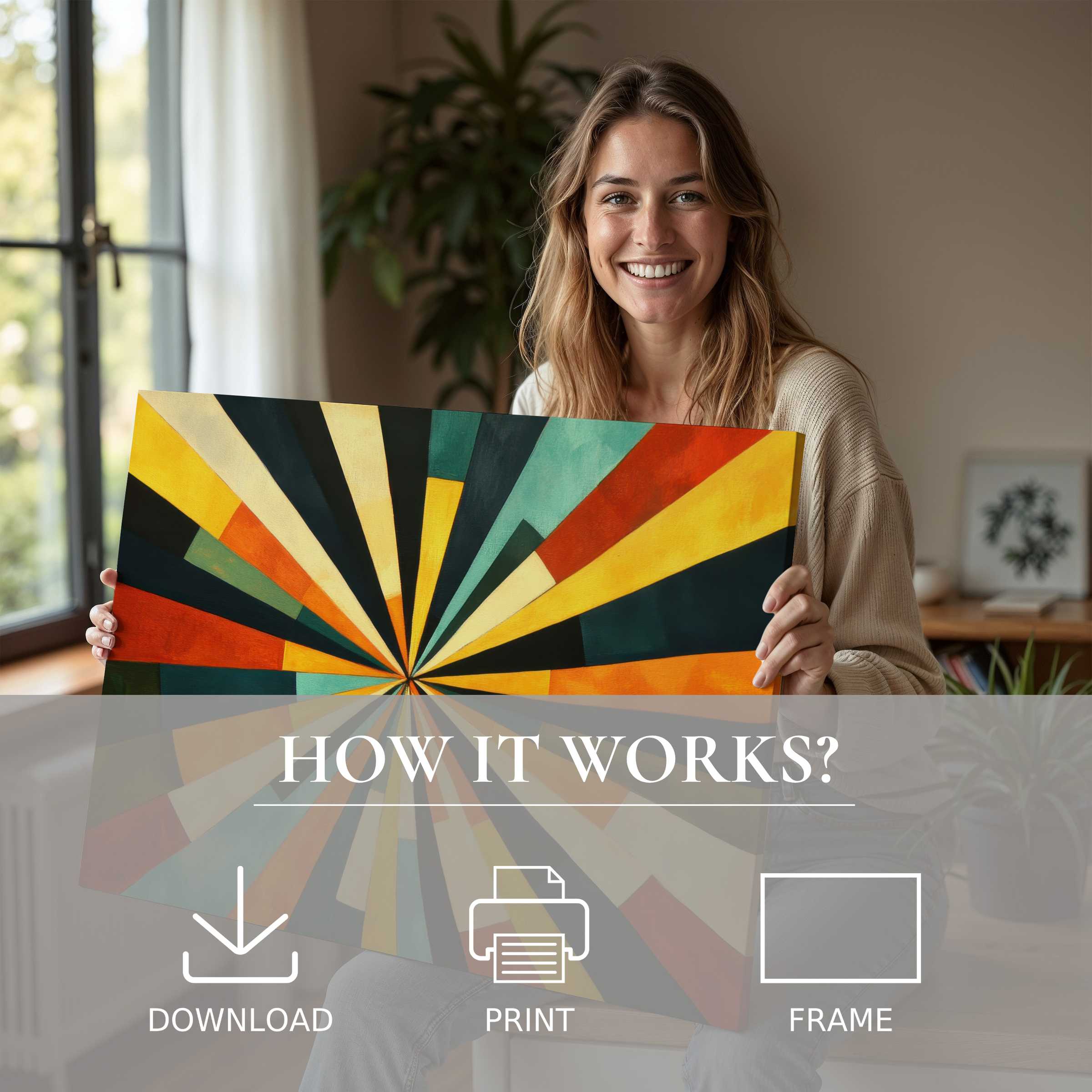 Young woman seated in a sunlit, elegant room embracing a vibrant modern digital art print, embodying joy and the seamless beauty of living with art