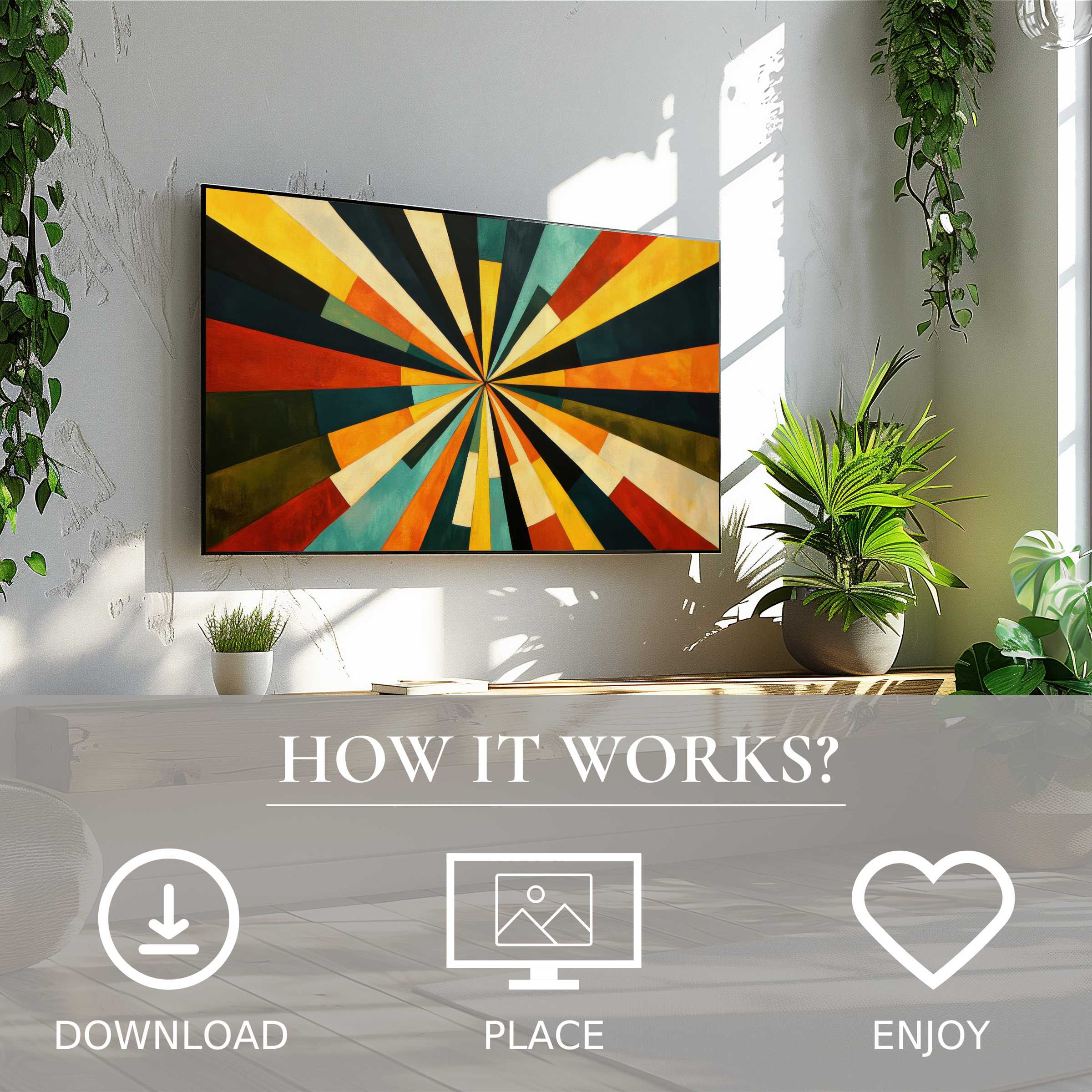 Modern art for Samsung TV with bold color flow; easy digital download enriches vibrant, stylish living spaces
