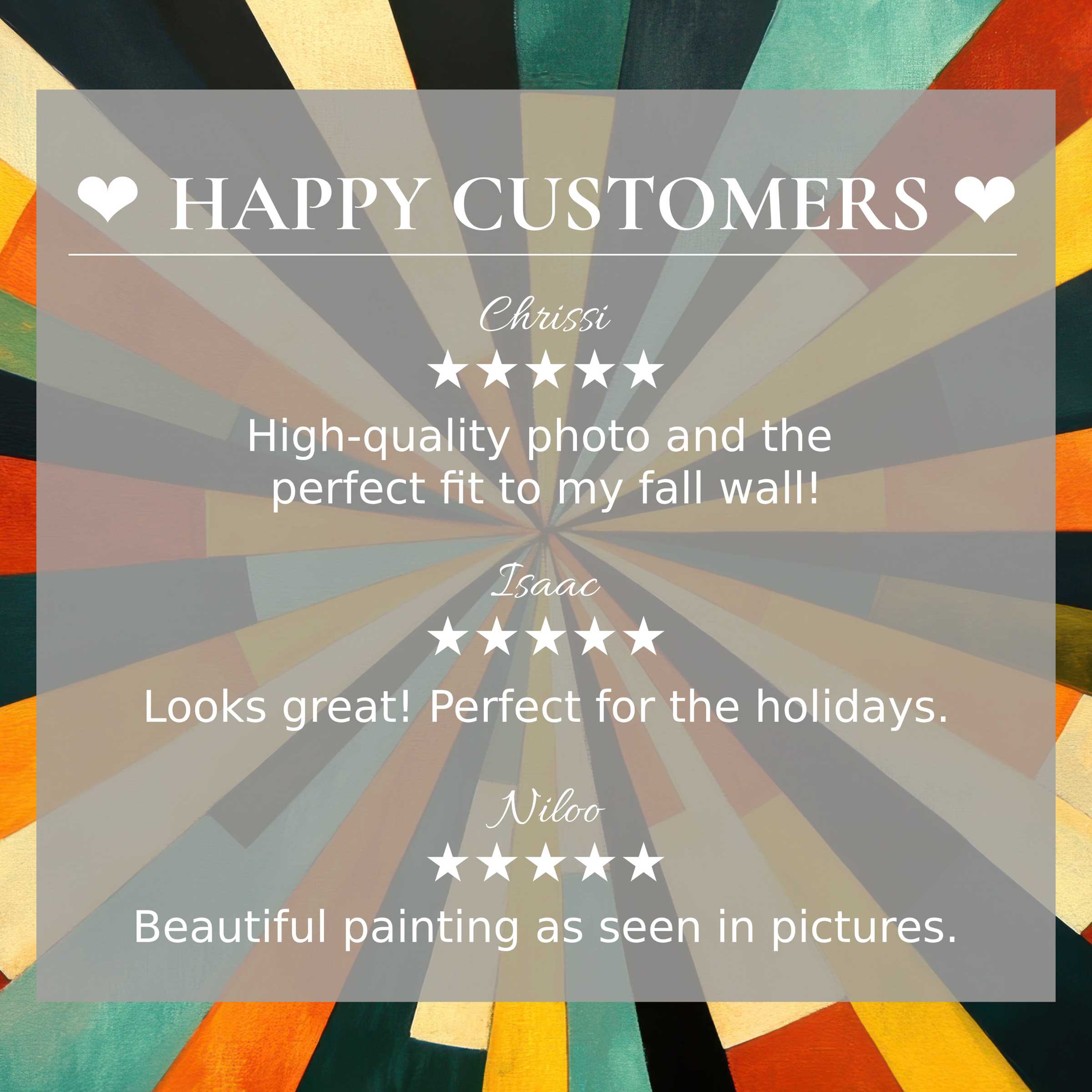 Modern art for Frame TV with abstract sunset hues, featuring happy customer reviews that inspire trust and elegance