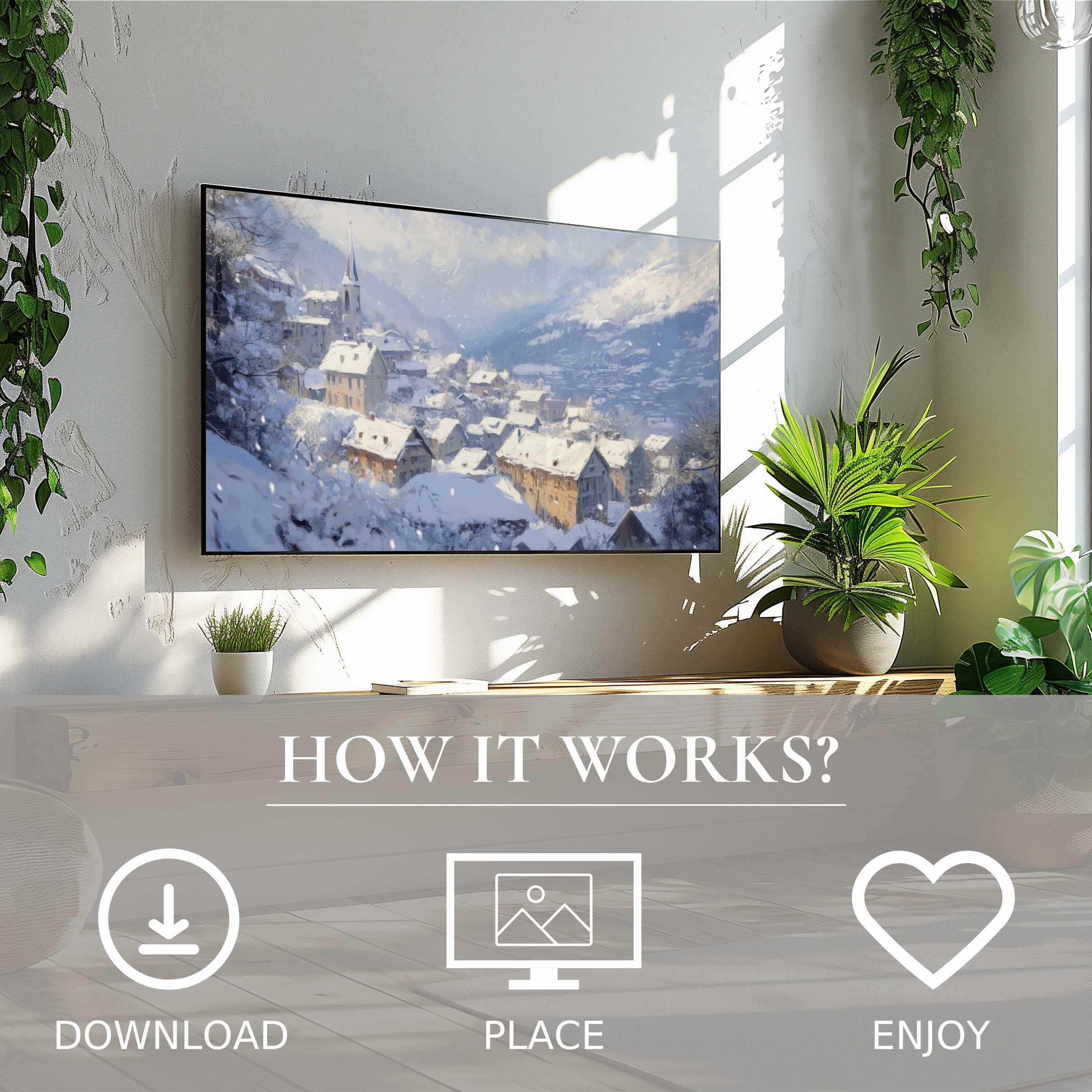 Winter art for Samsung TV shows snowy village in soft blue hues, easy digital download enriches modern living spaces