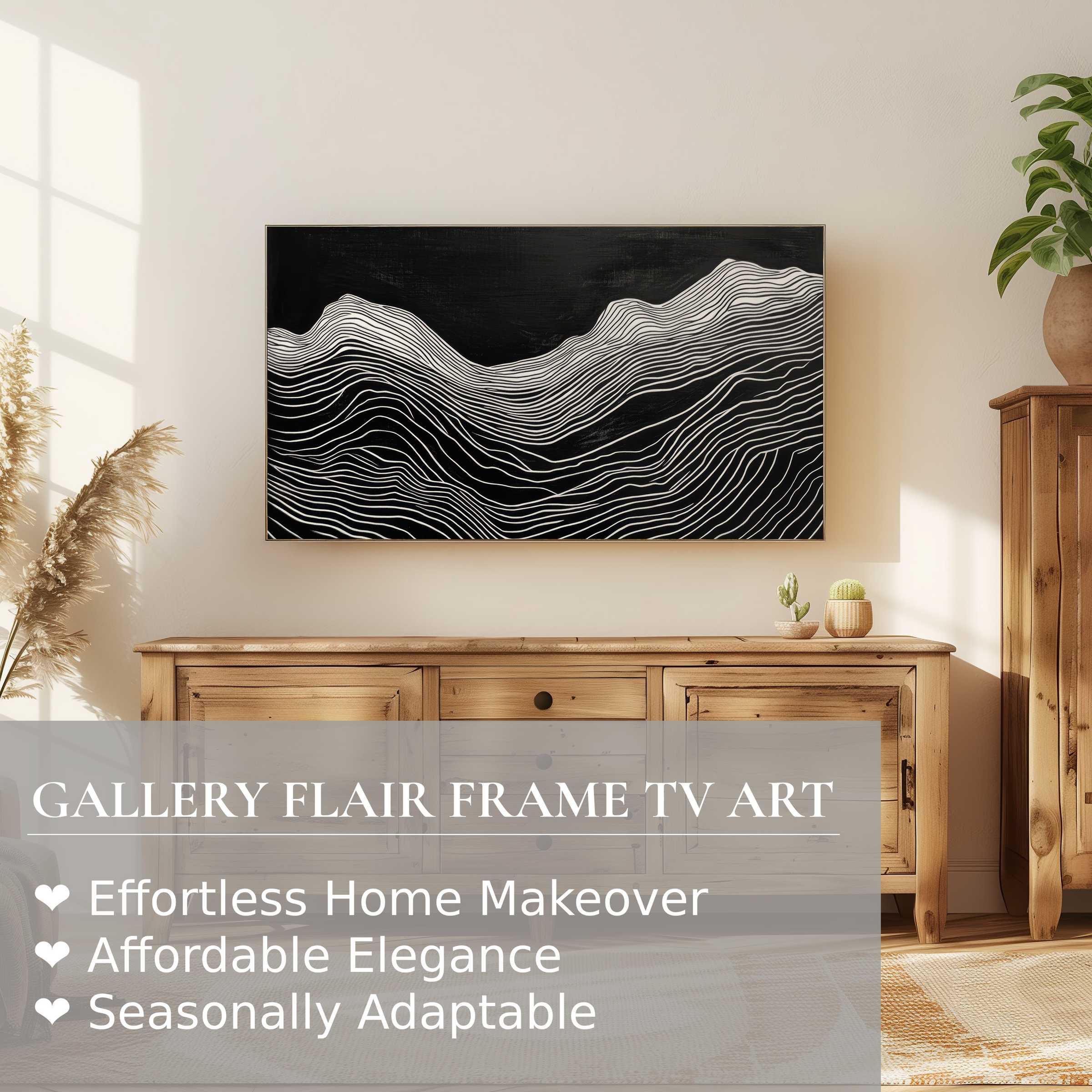 Samsung Frame TV displaying black and white digital artwork of elegant flowing topographic lines in a serene room
