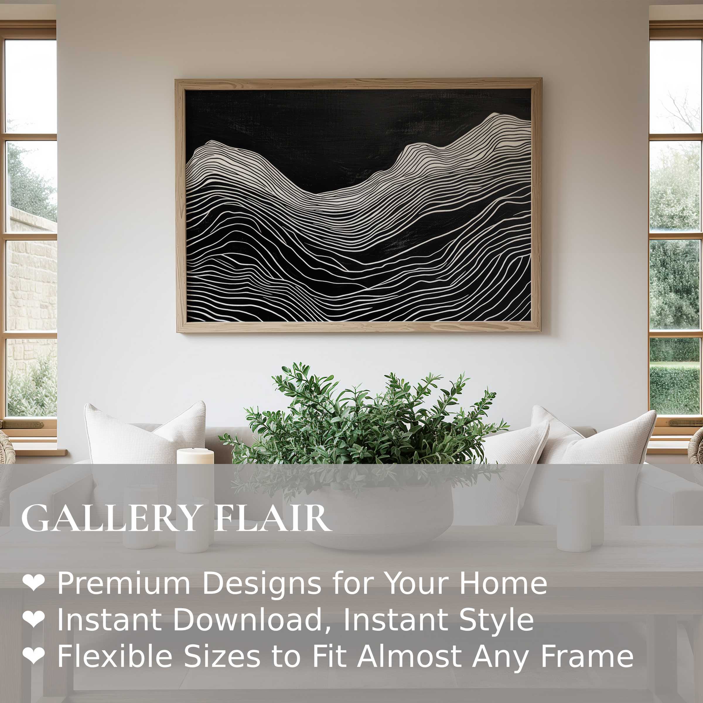 Black and white wall art print featuring flowing contour lines evokes serene, modern elegance in a minimalist, natural-toned living space