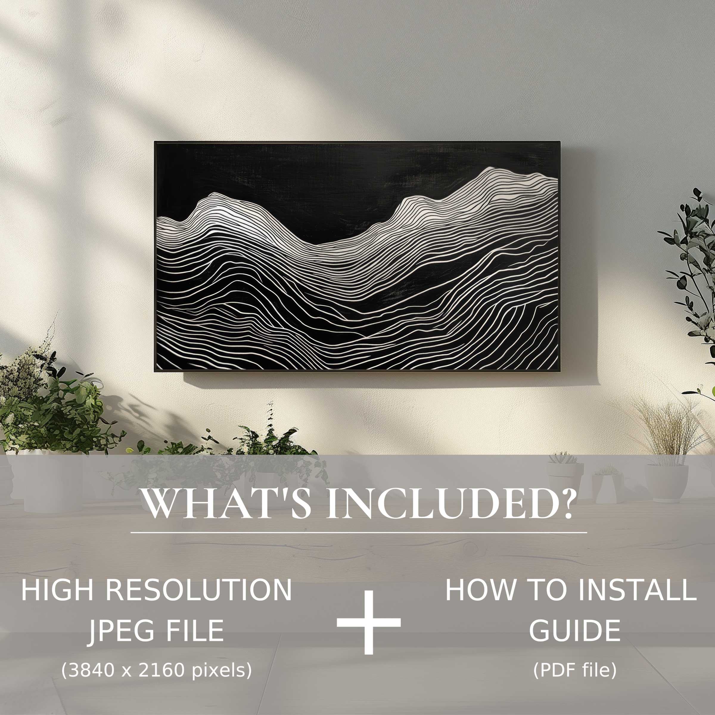 Elegant black and white digital TV art download, effortlessly enhancing modern living spaces with instant digital use