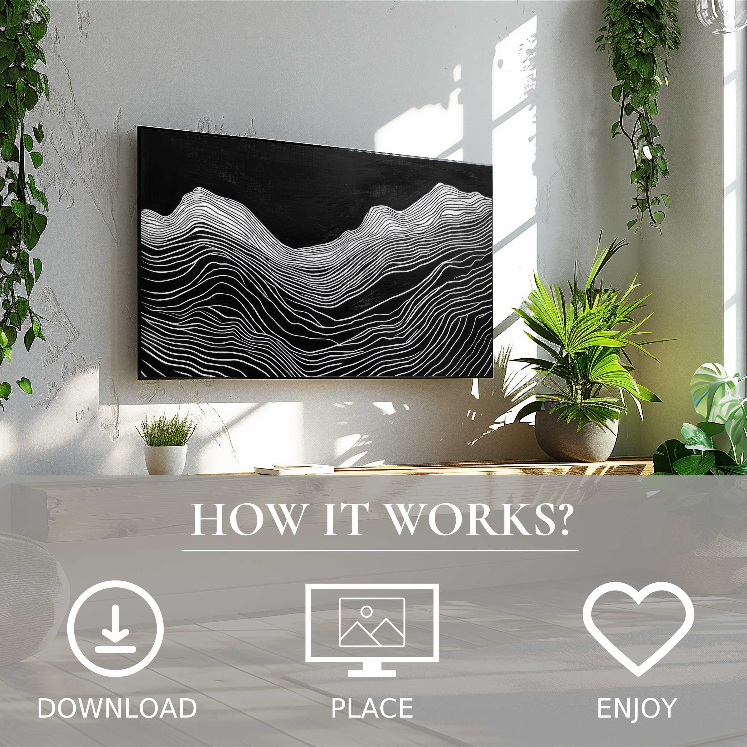 Black and white art for Samsung TV with flowing contour lines, easy digital download enriching modern living spaces