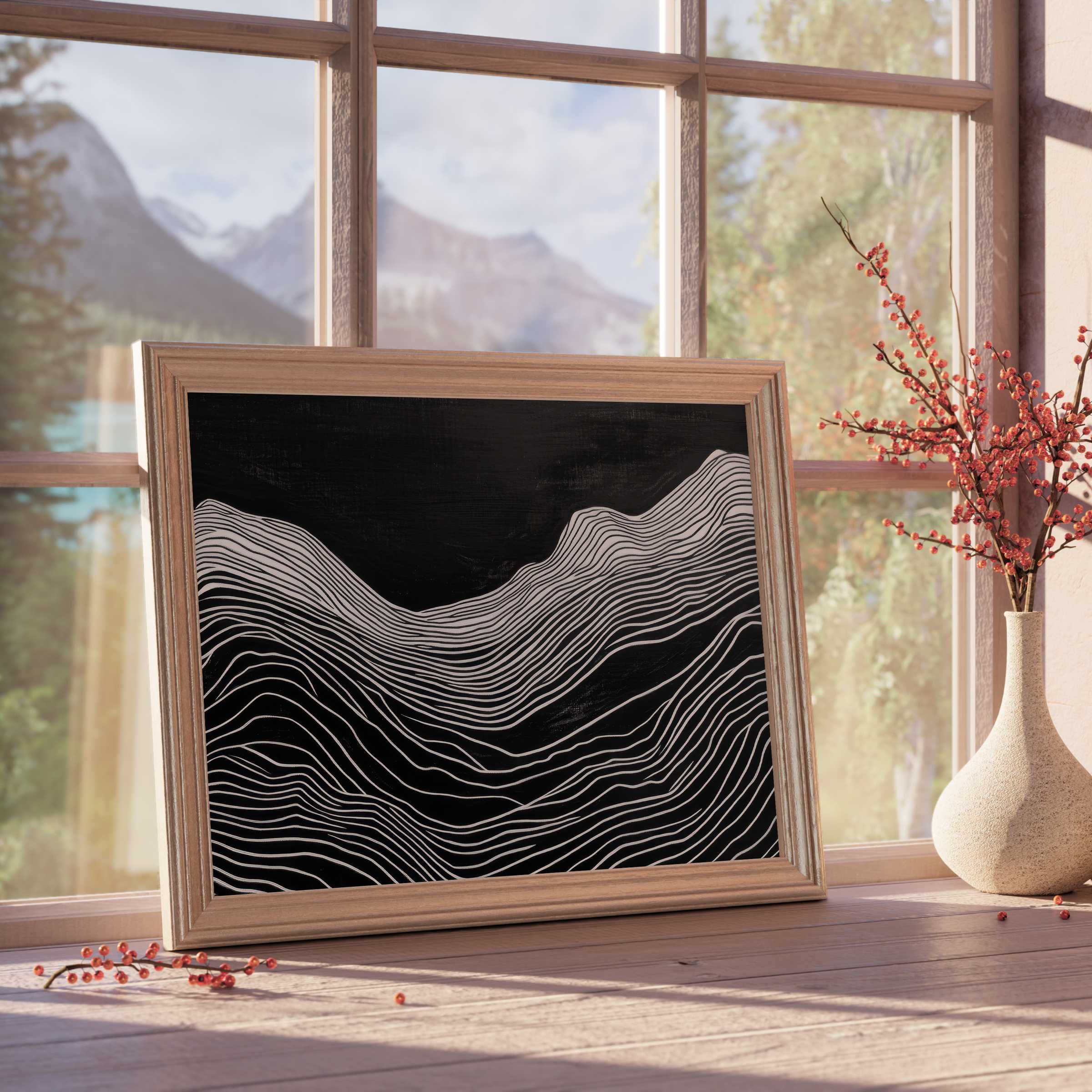 Black and white downloadable art with fluid contour lines, adding serene elegance and modern sophistication to curated, tranquil interiors