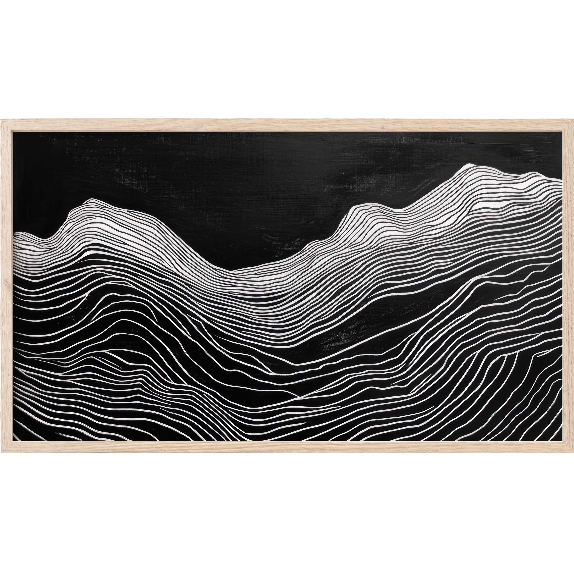 Minimalist black and white Frame TV Art with flowing contour lines evoking abstract mountainous horizons