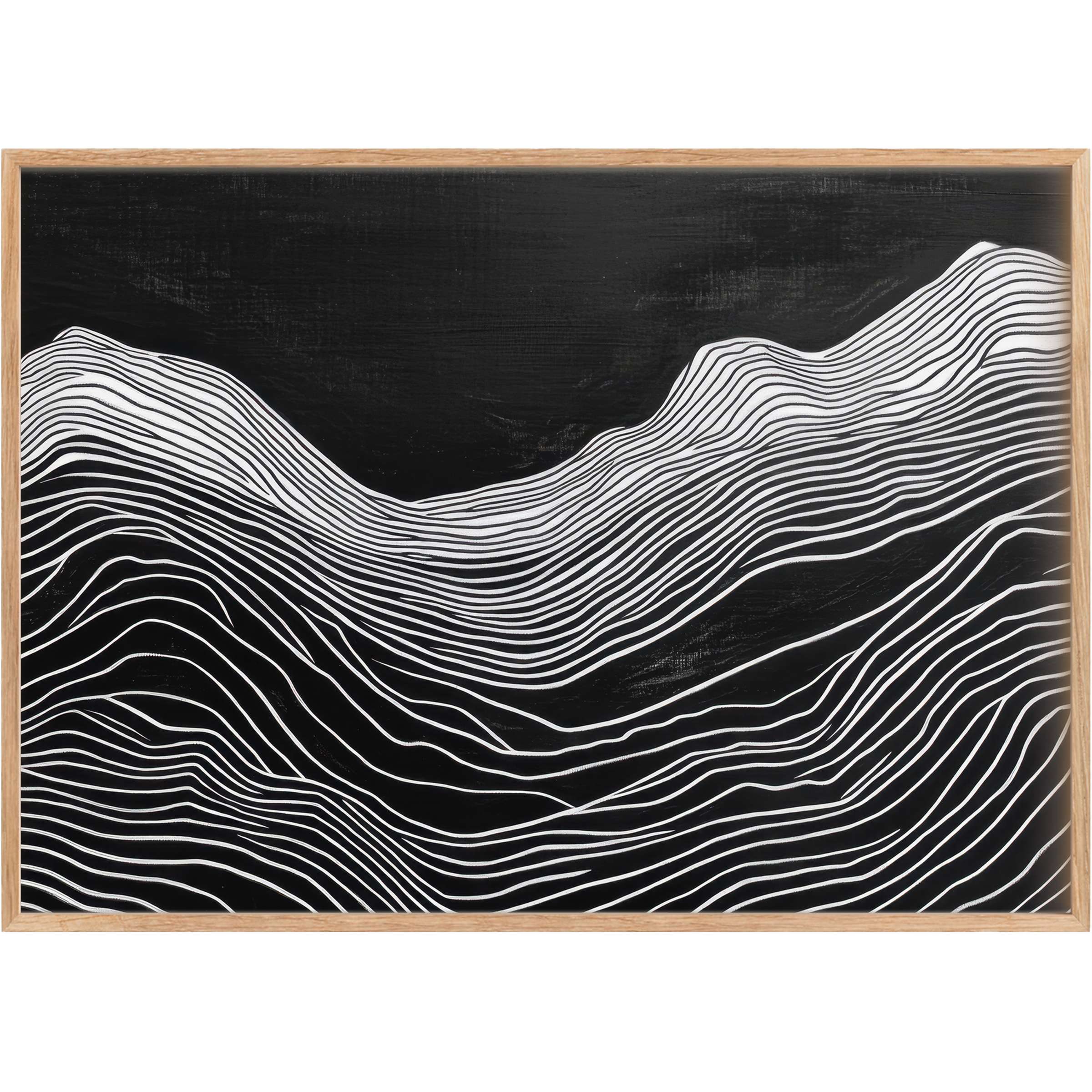 Sophisticated black and white printable wall art with flowing lines, evoking a bold, serene landscape that elevates modern interiors