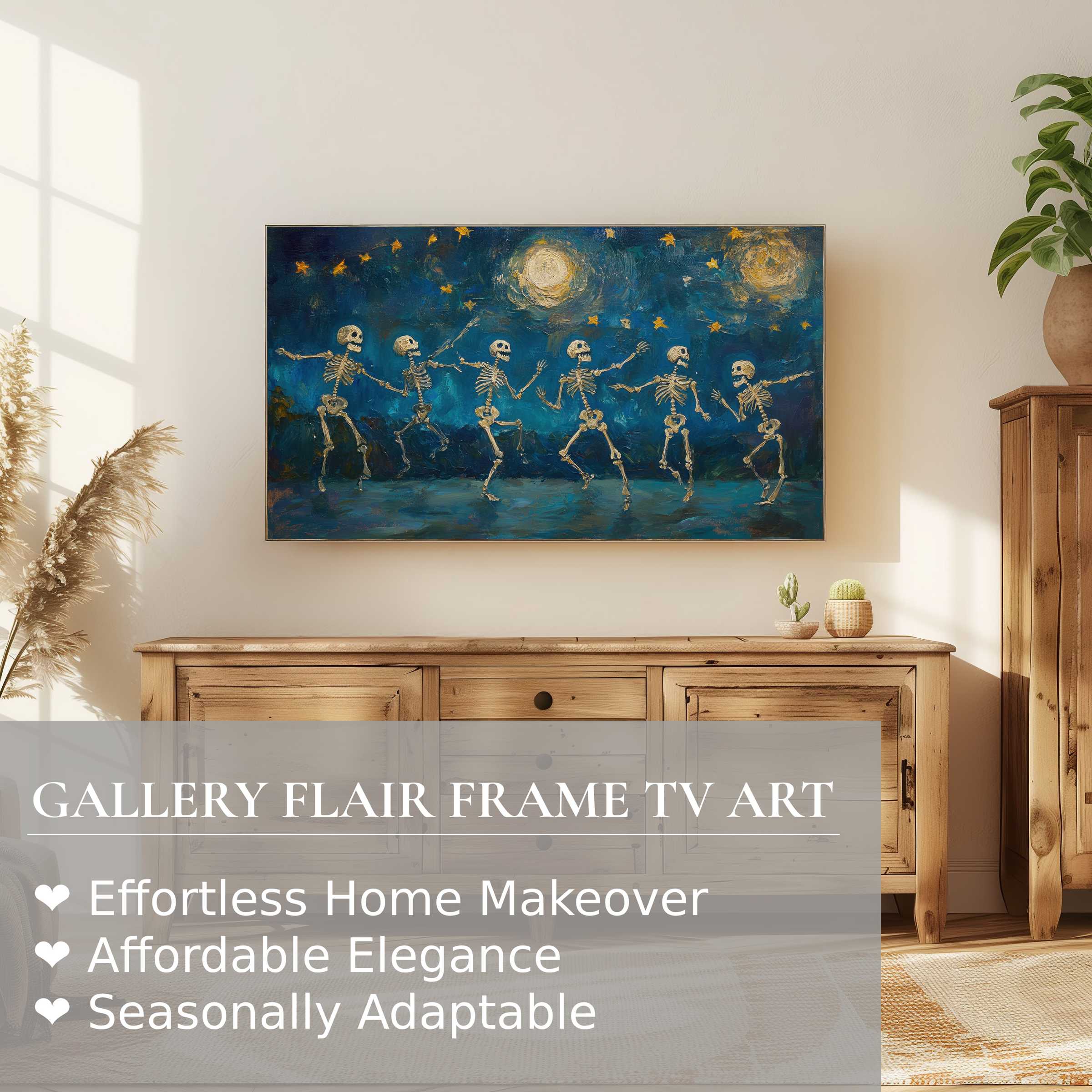 Modern halloween digital artwork of dancing skeletons on Samsung Frame TV in stylish, serene living room setting