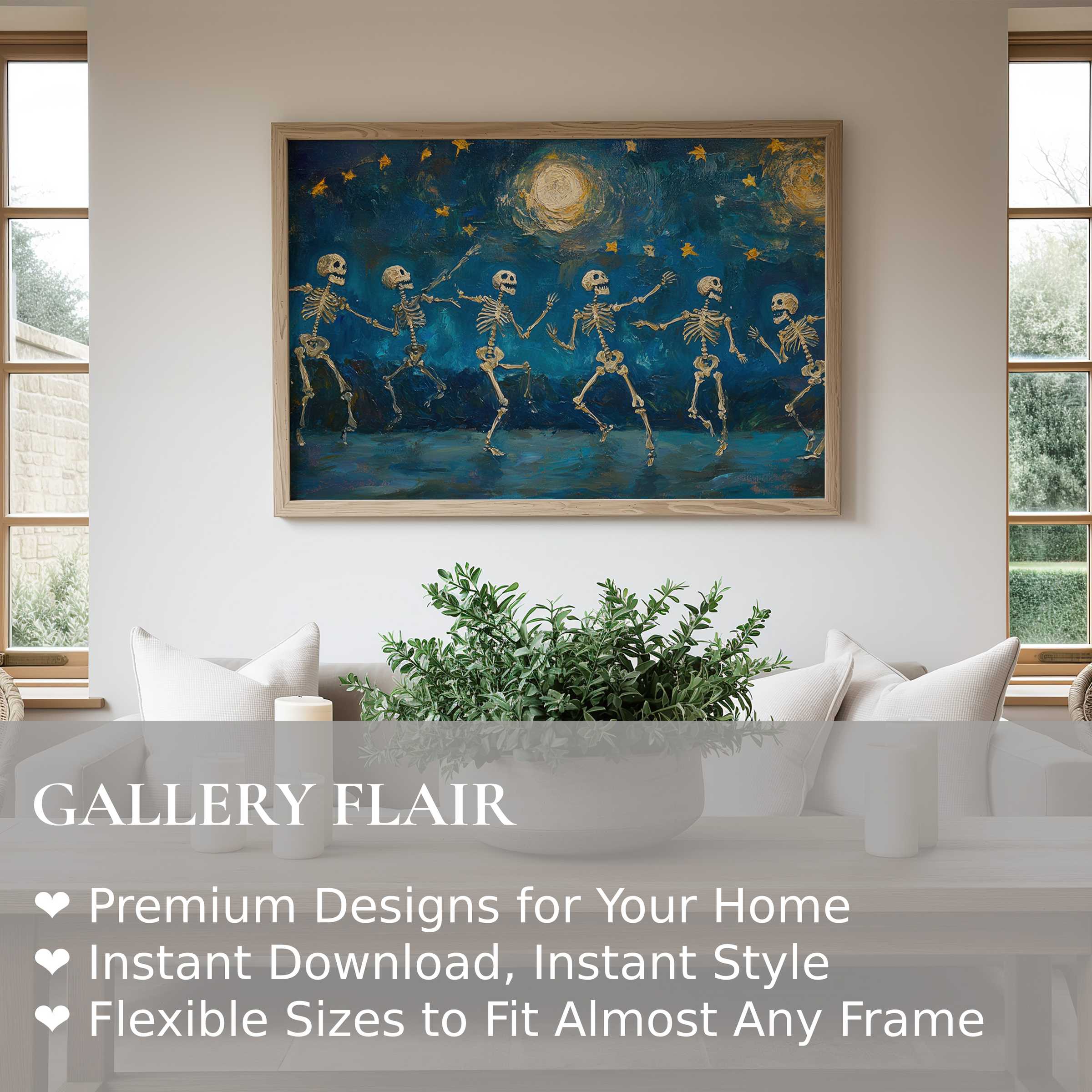 Halloween wall art print of dancing skeletons under a radiant moon and stars, adding bold, whimsical charm to modern minimalist interiors