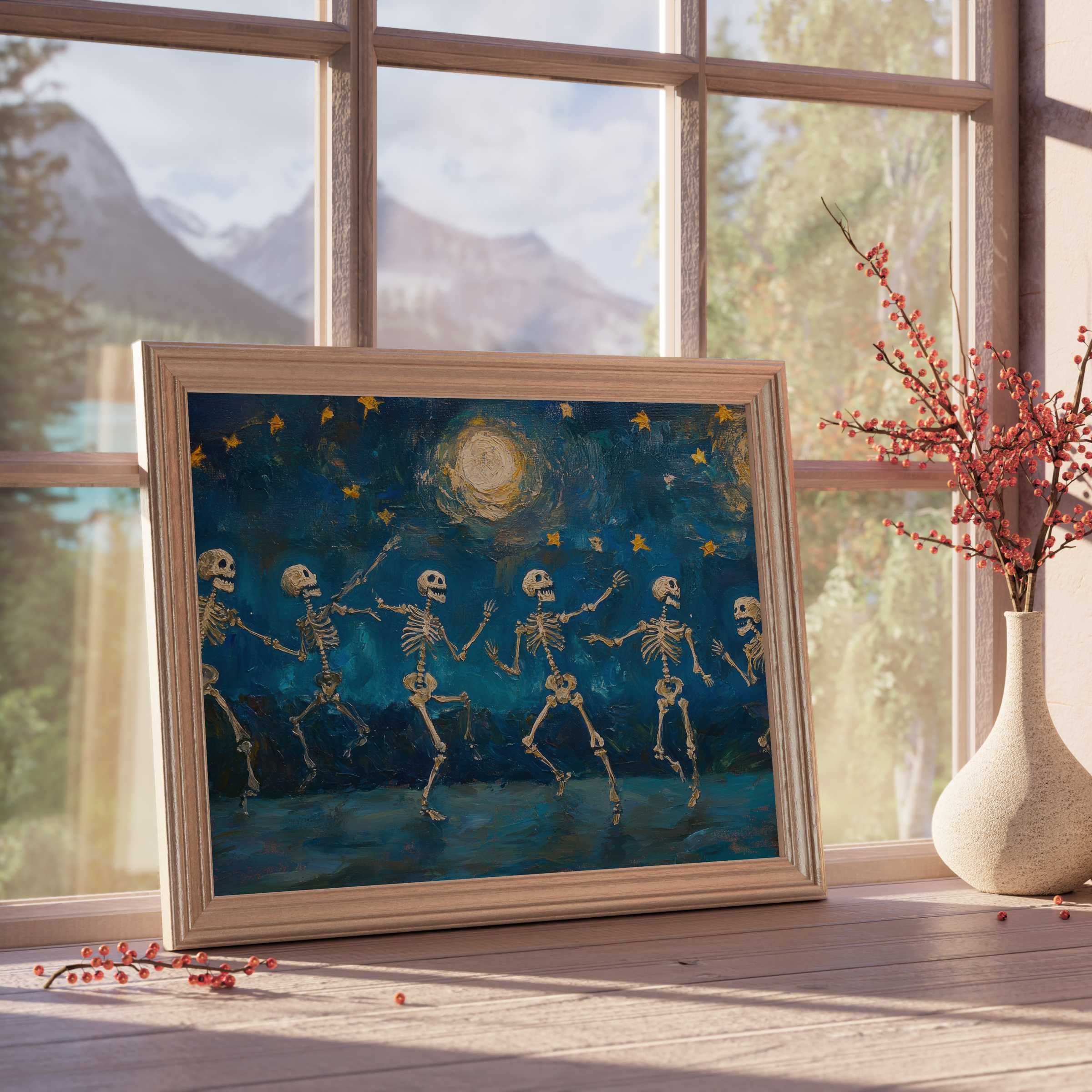 Halloween downloadable art captures playful skeletons dancing under a luminous moon, adding vibrant charm to curated, elegant interiors