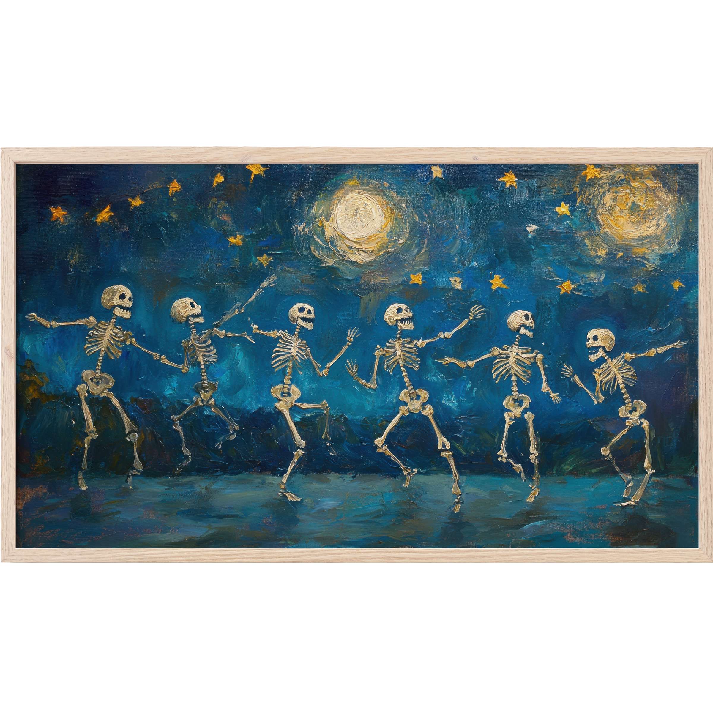 Halloween Frame TV Art depicting lively dancing skeletons in textured blues and golds with a whimsical night sky