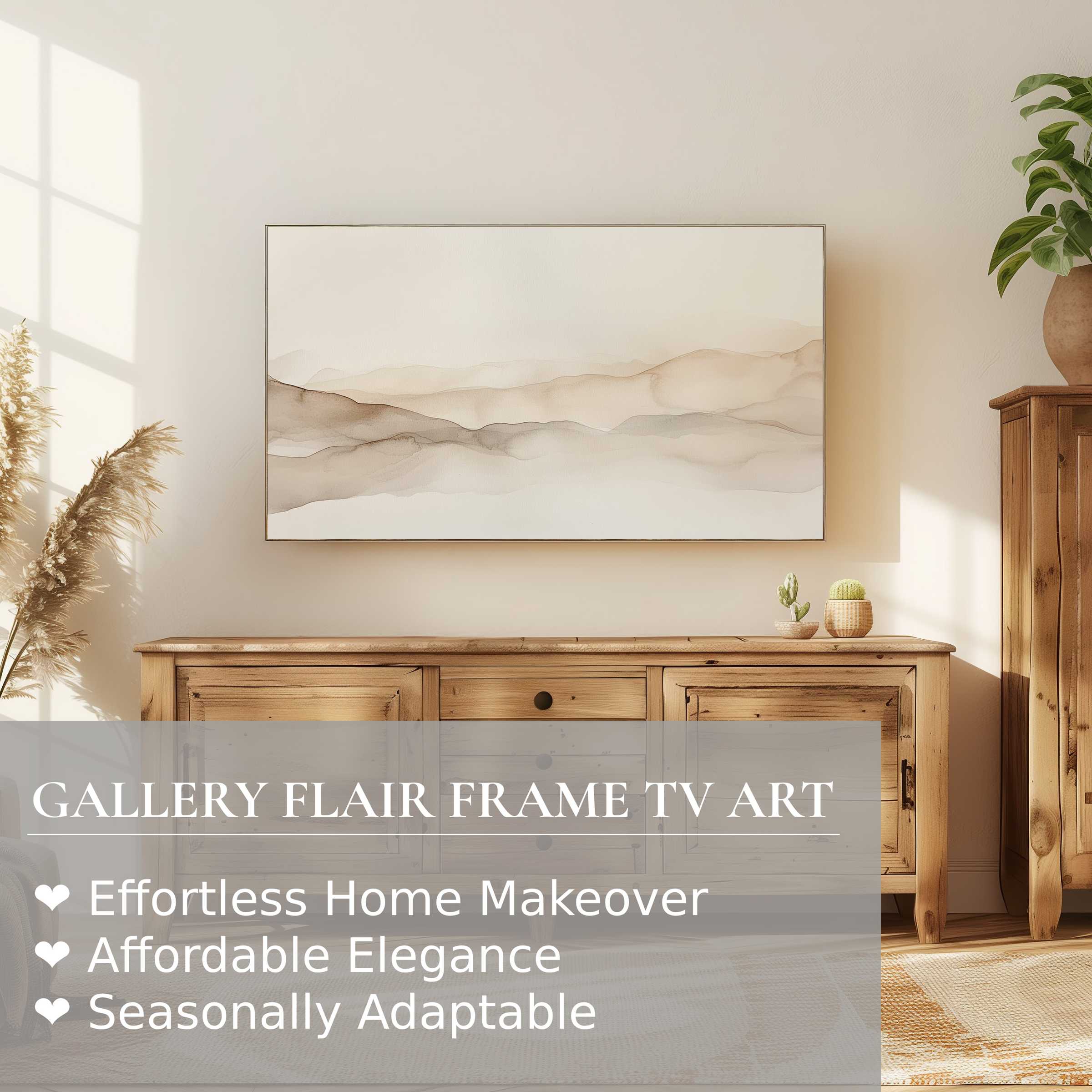Samsung Frame TV showing neutral digital artwork of soft, muted hills in a serene, modern natural wood setting