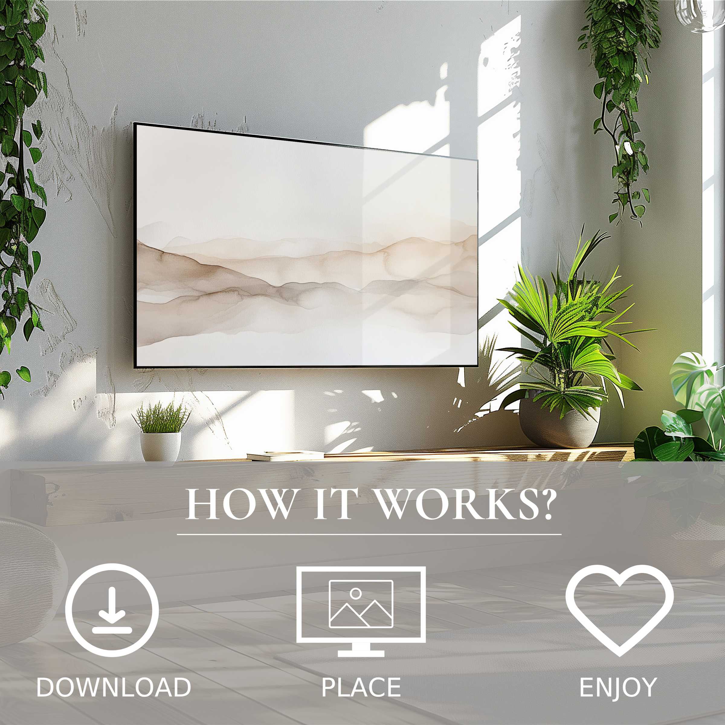 Neutral art for Samsung TV with soft beige mountain flow, easy digital download enriching modern living spaces
