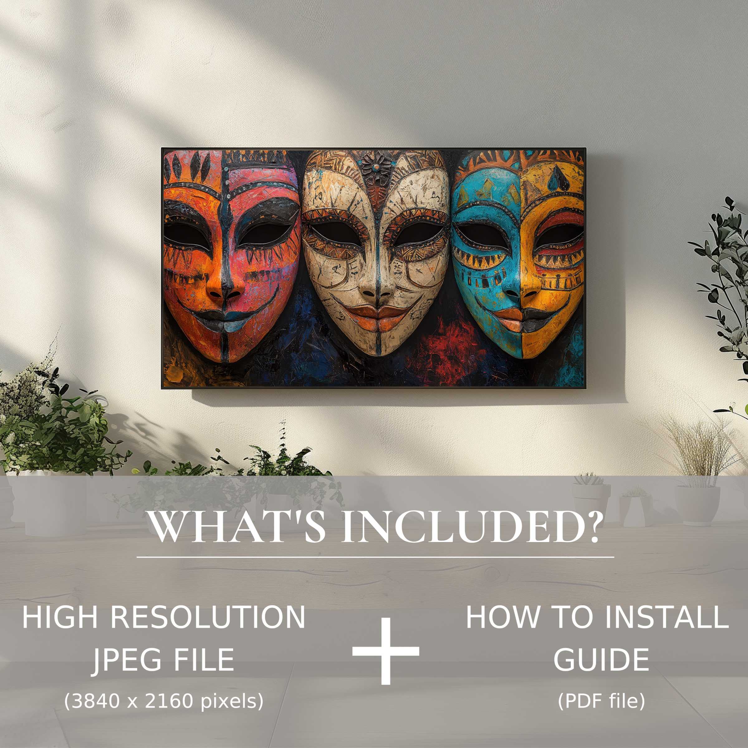 Elegant boho digital TV art download features vibrant masks, easily enhancing modern living spaces with simple digital use