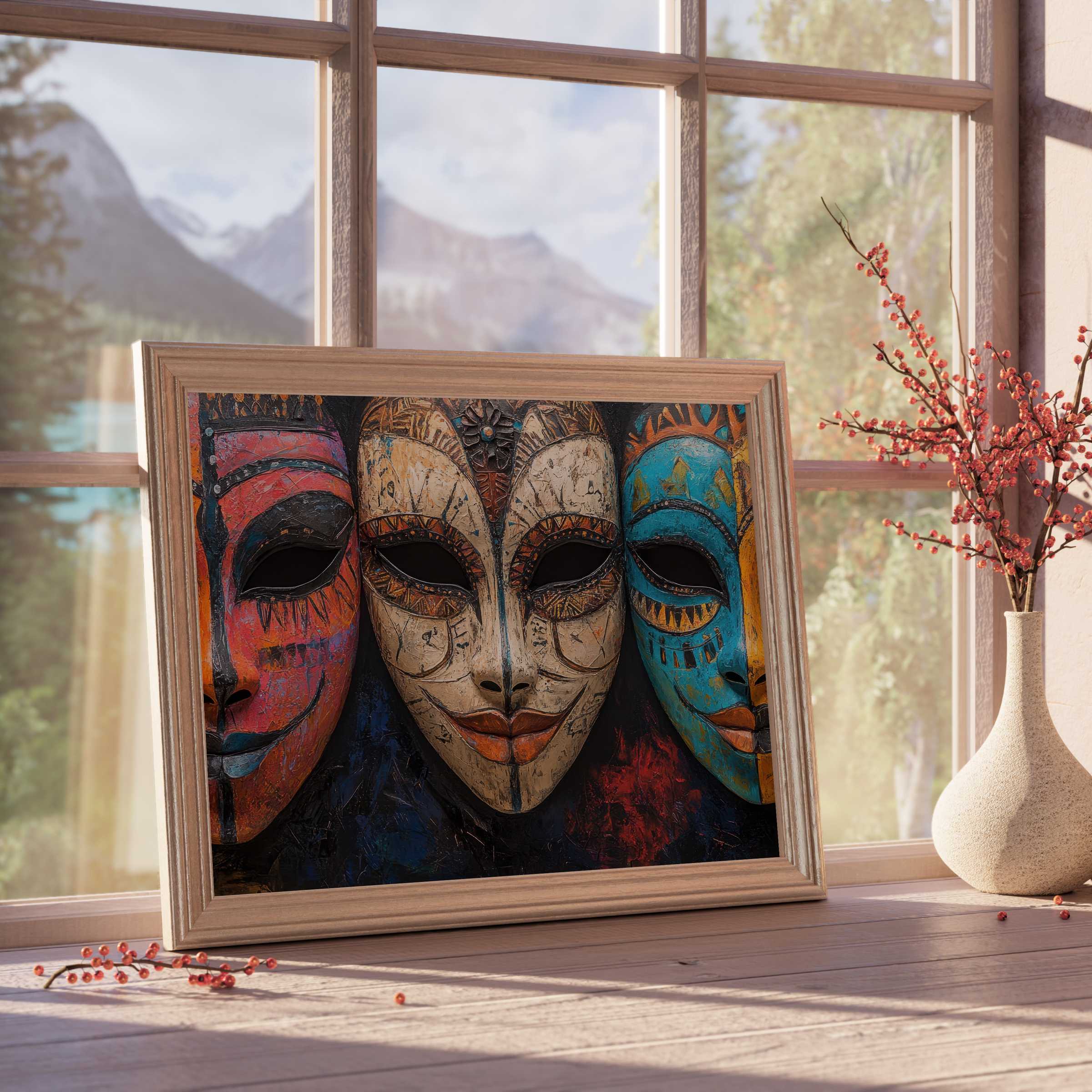 Boho downloadable art featuring vibrant tribal masks, enriching curated interiors with warm, eclectic, and culturally inspired charm