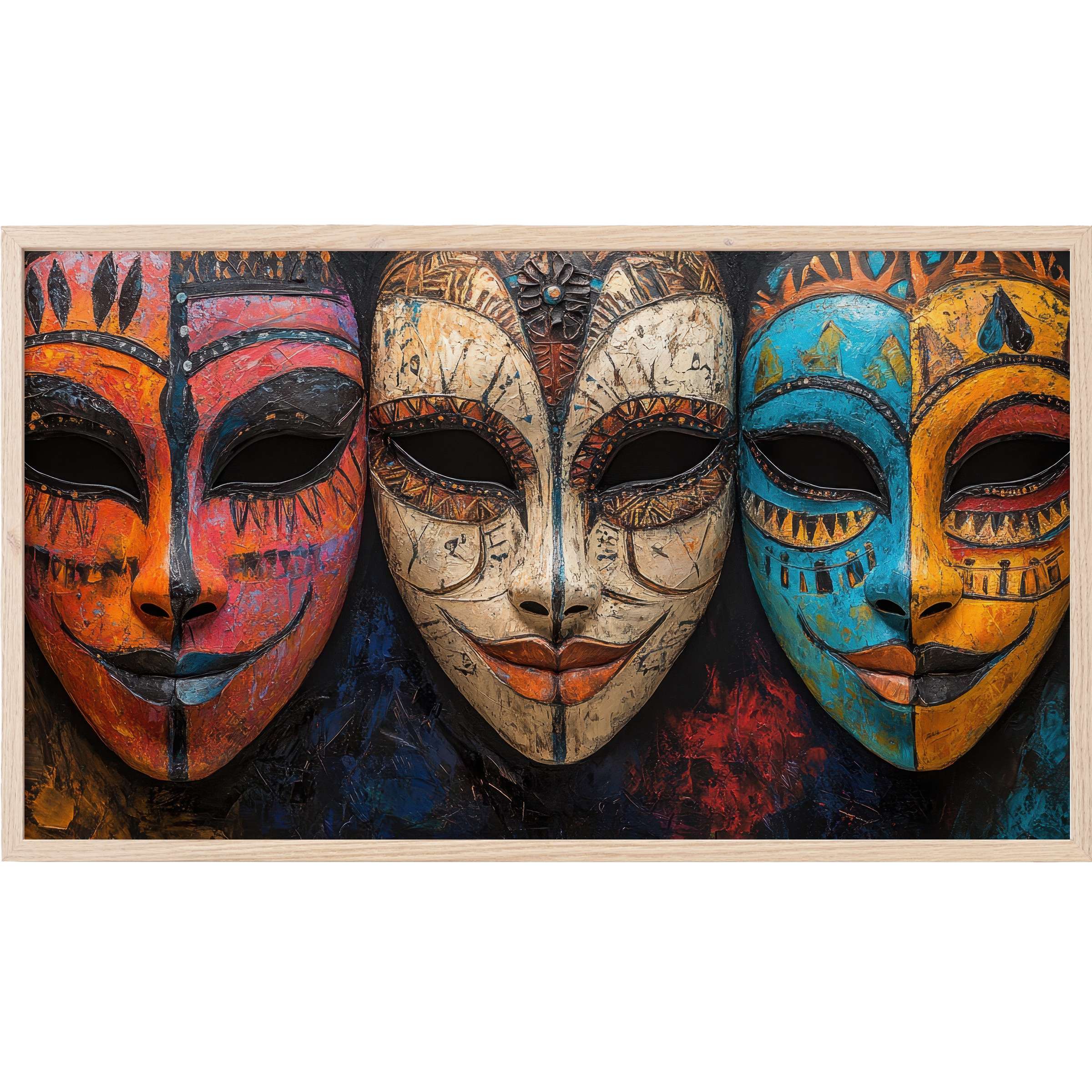 Boho Frame TV Art with three textured tribal masks in vibrant orange, cream, blue, and yellow hues, bold and modern