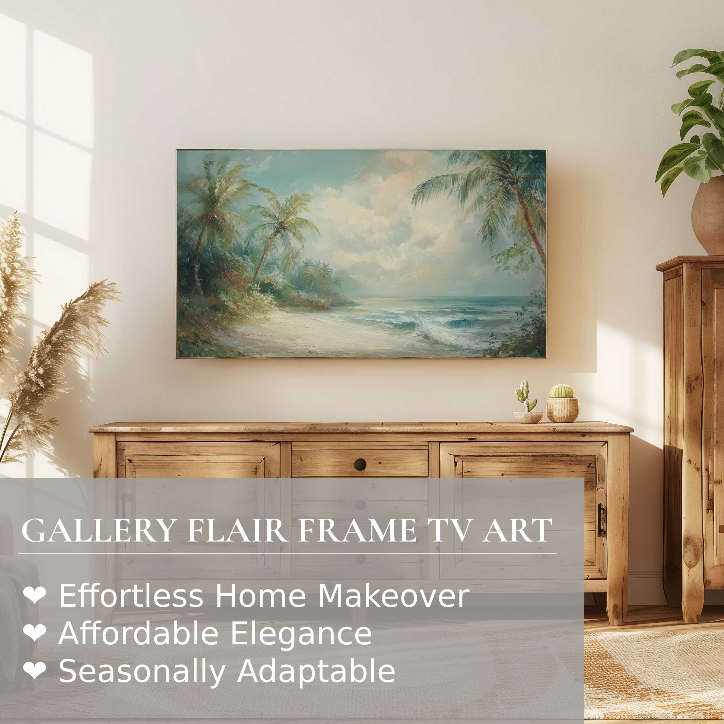 Samsung Frame TV displays serene summer digital artwork, blending coastal charm with elegant modern home decor