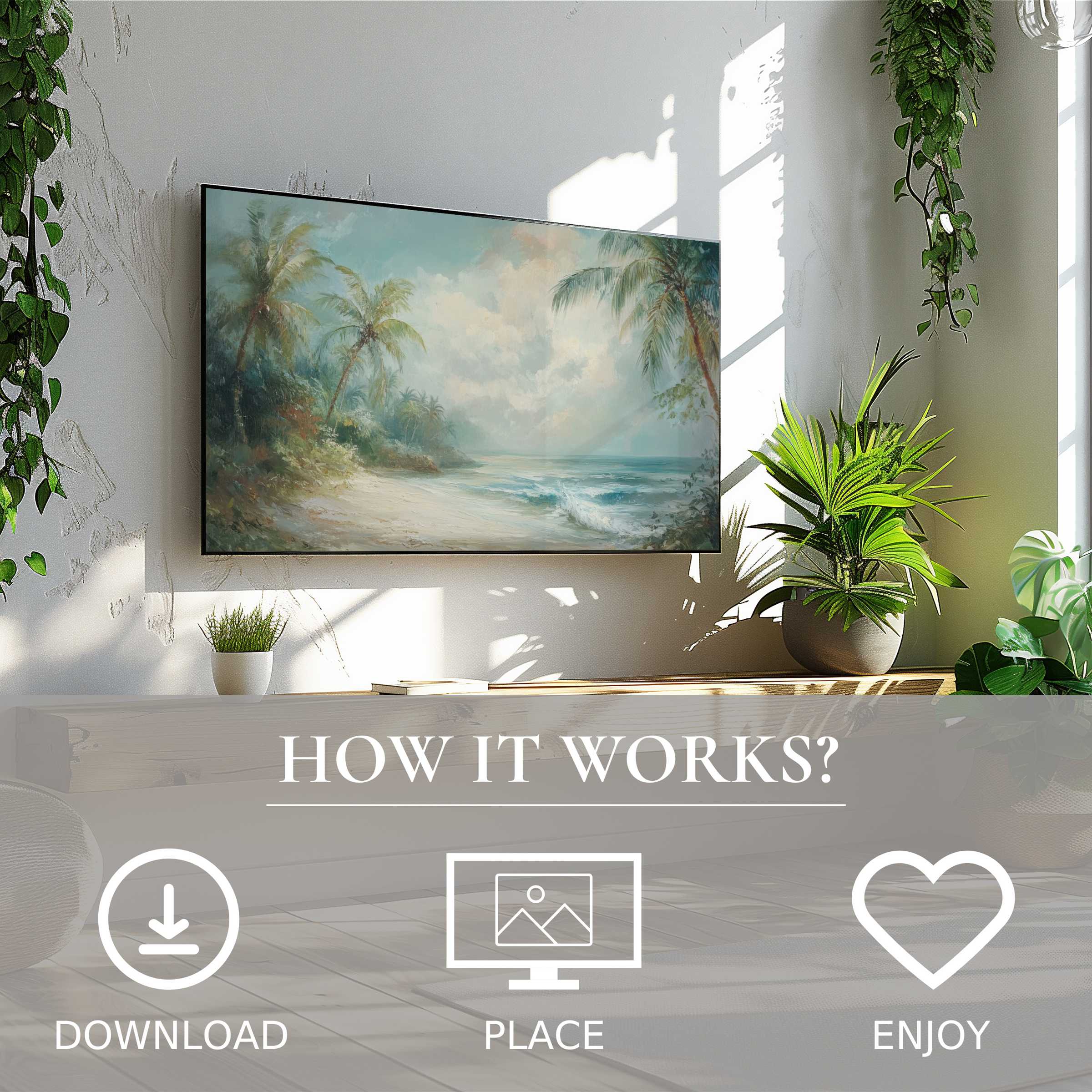 Modern living room with plants and soft beach scene on Frame TV, summer art for Samsung TV, easy digital download