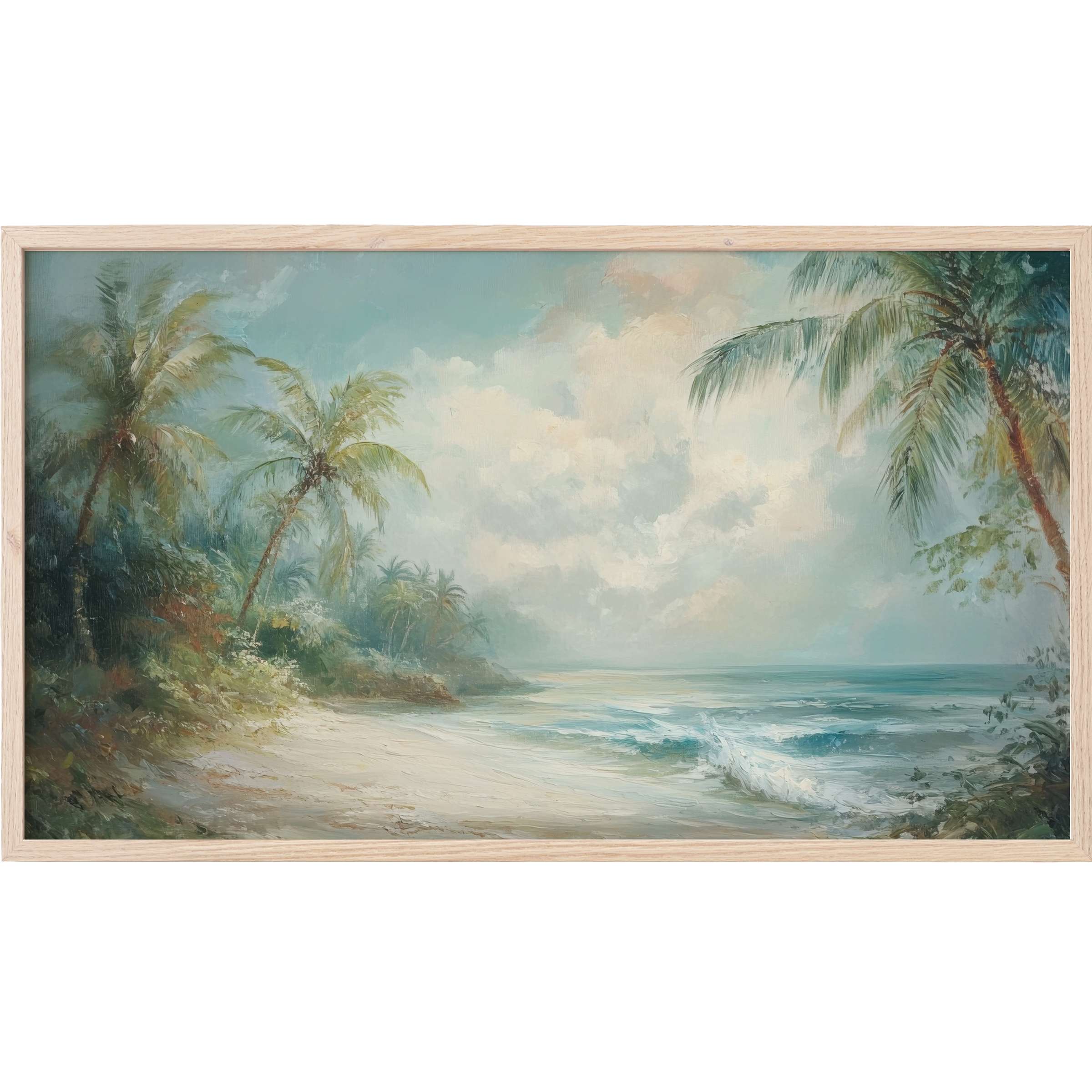 Tranquil beach scene with soft blues and greens, palm trees, and gentle waves in elegant summer Frame TV Art