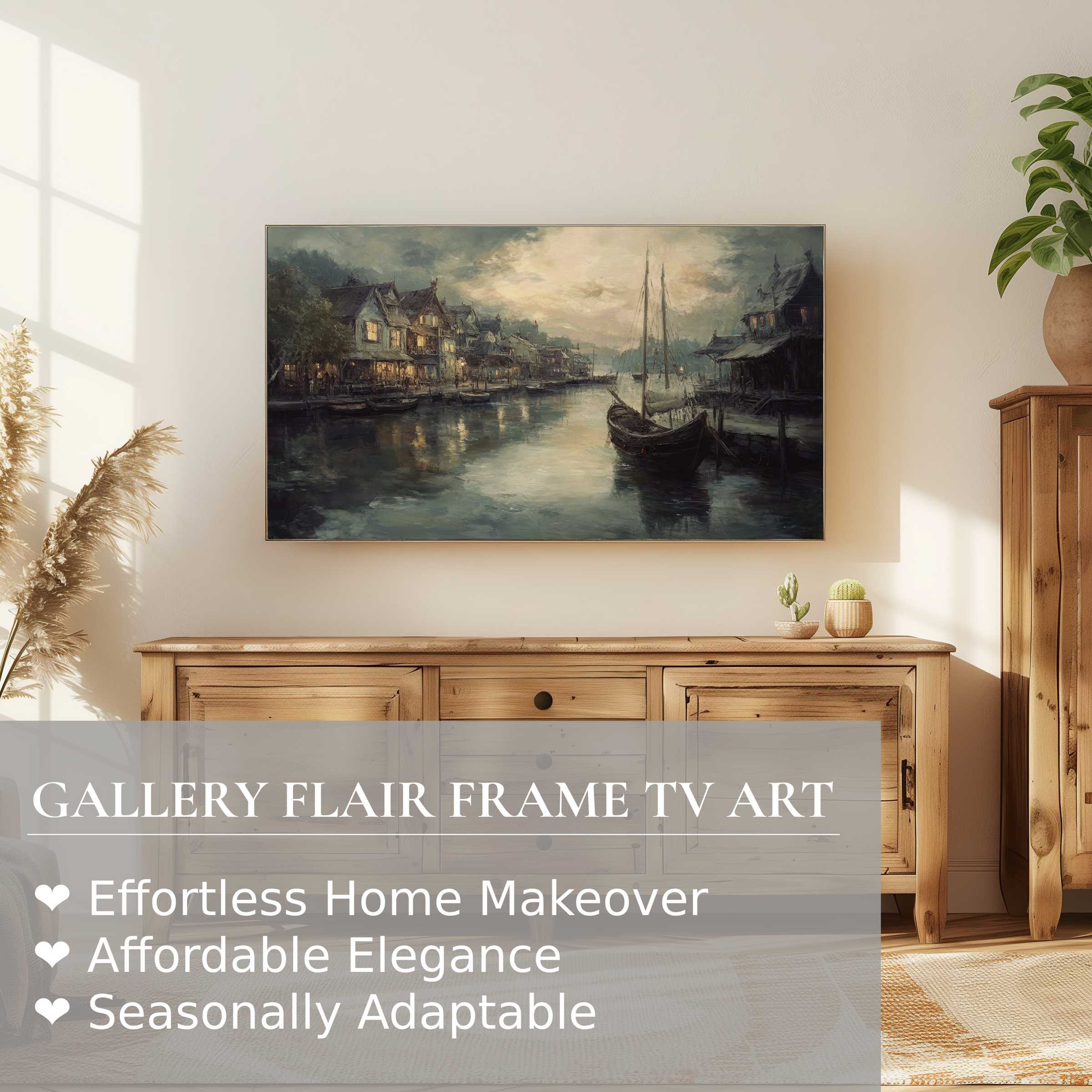 Samsung Frame TV displaying serene coastal digital artwork in a warm, elegant living room setting with natural wood tones