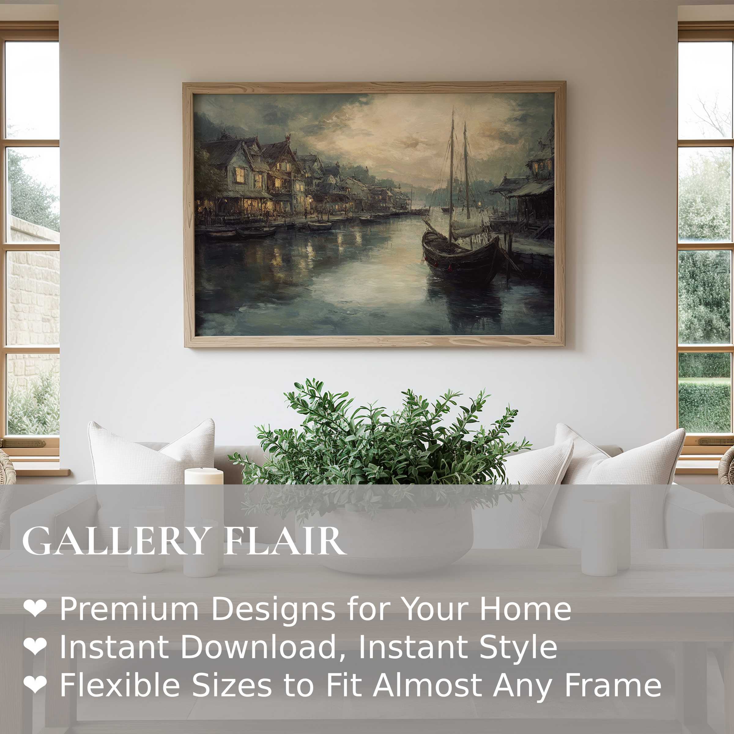 Coastal wall art print depicting a serene harbor at dusk, radiating calming, timeless elegance in modern rustic interiors