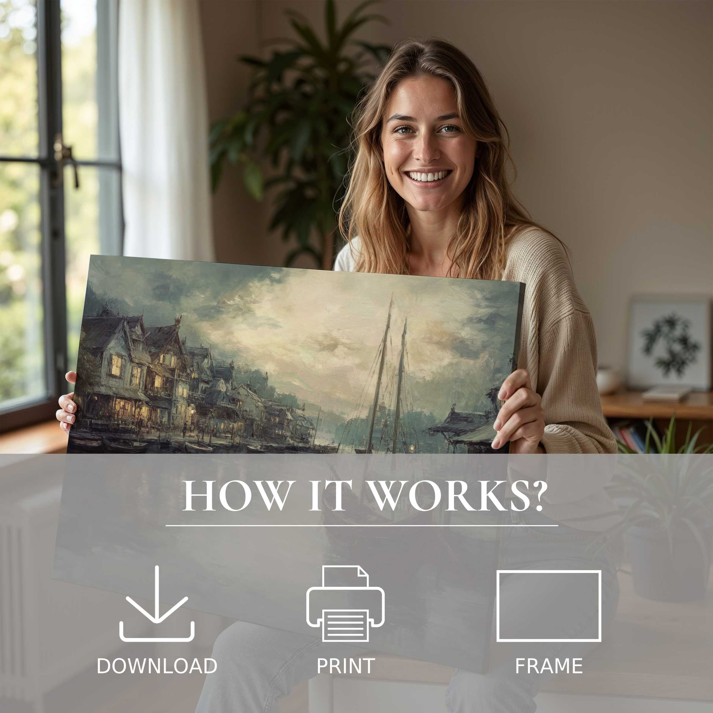Coastal digital art print transforming a modern home with serene, timeless warmth and effortless, joyful elegance