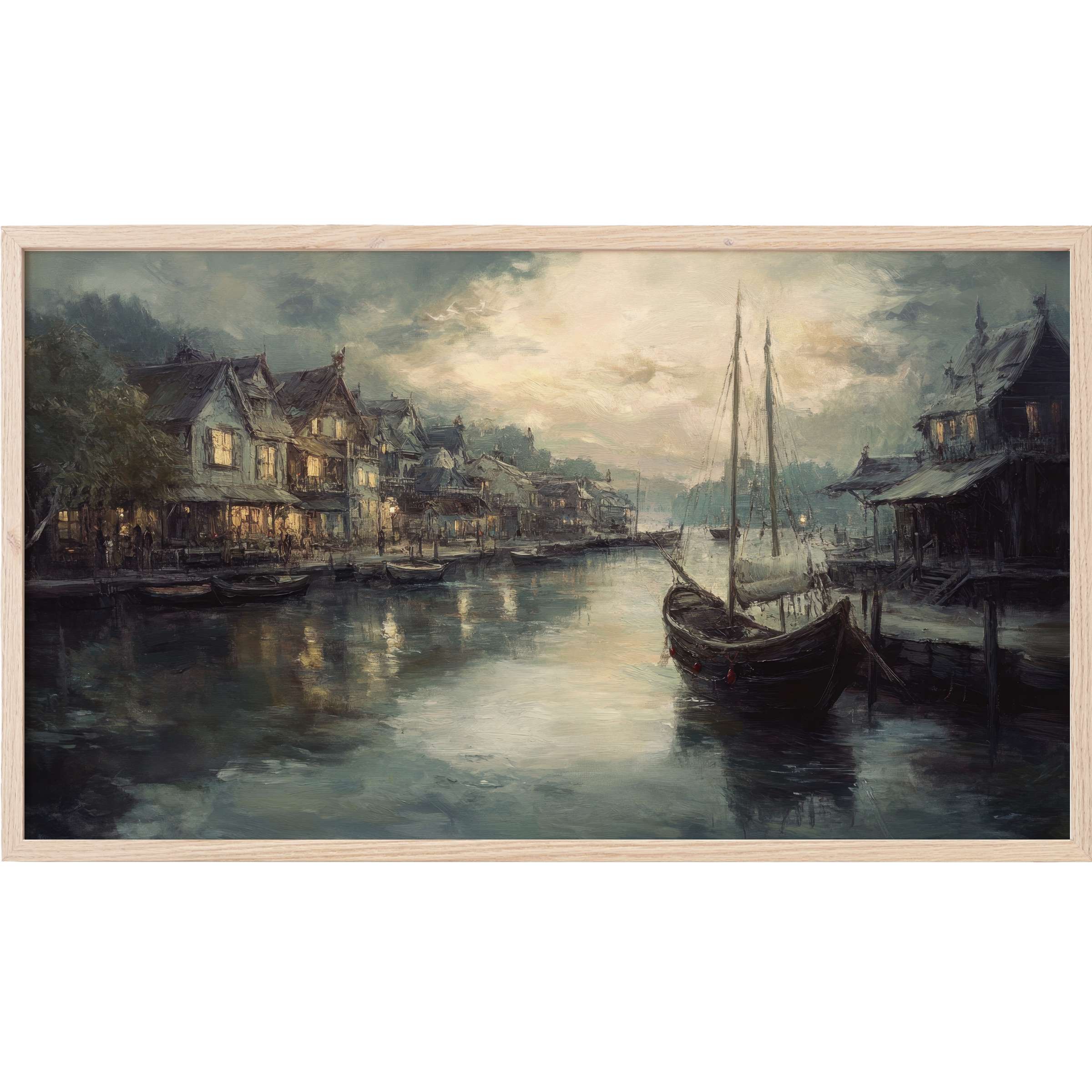 Moody seaside village at dusk in muted blues and grays, soft lighting, coastal Frame TV Art evoking calm elegance