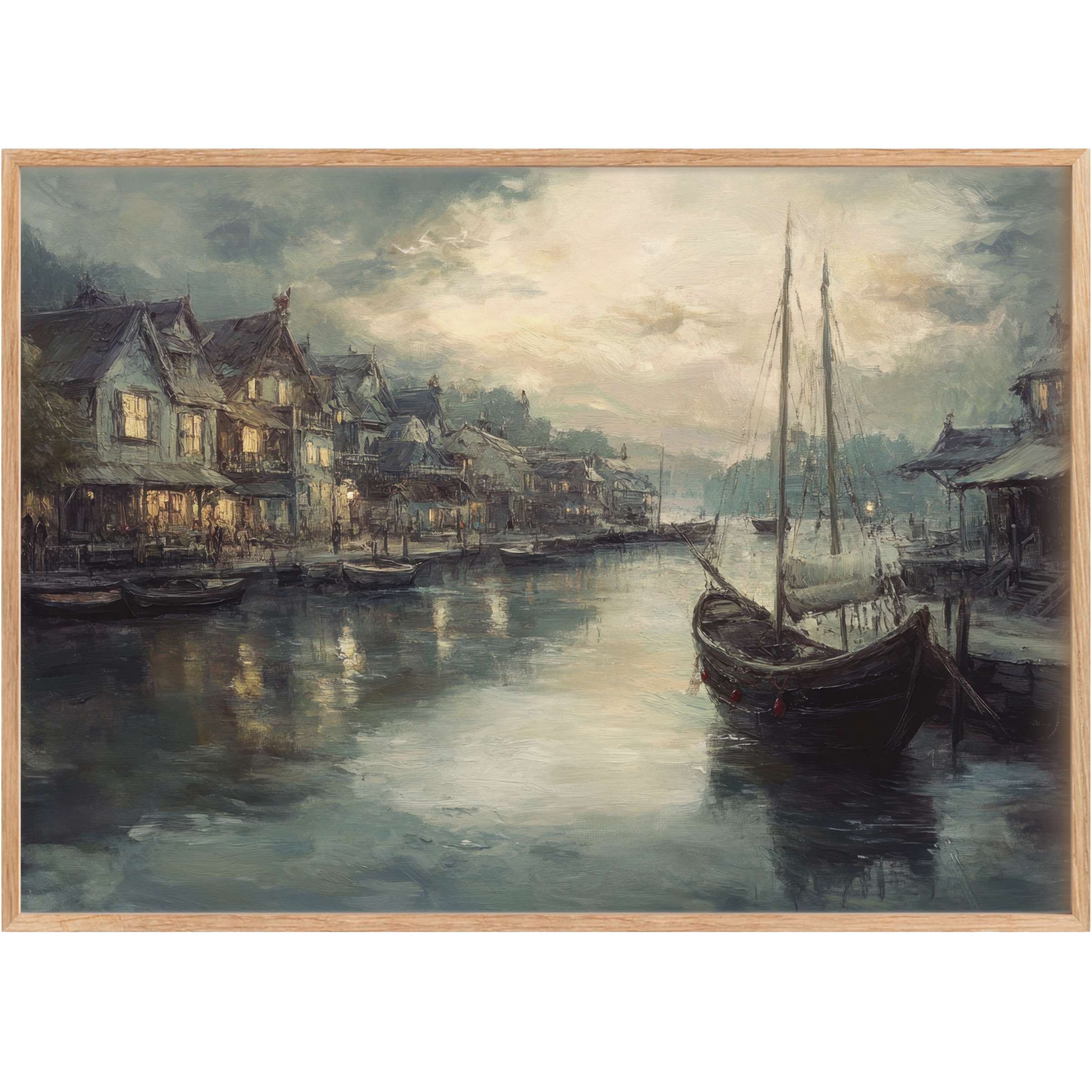 Coastal printable wall art capturing a serene harbor at dusk, with deep blues and soft golds evoking tranquil, timeless elegance