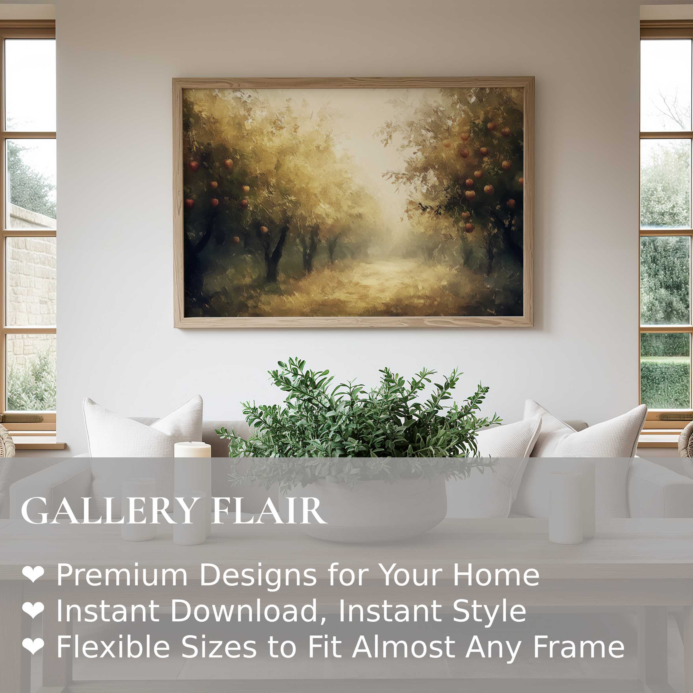 Fall wall art print capturing a radiant orchard in warm autumn tones, enhancing serene modern farmhouse living spaces