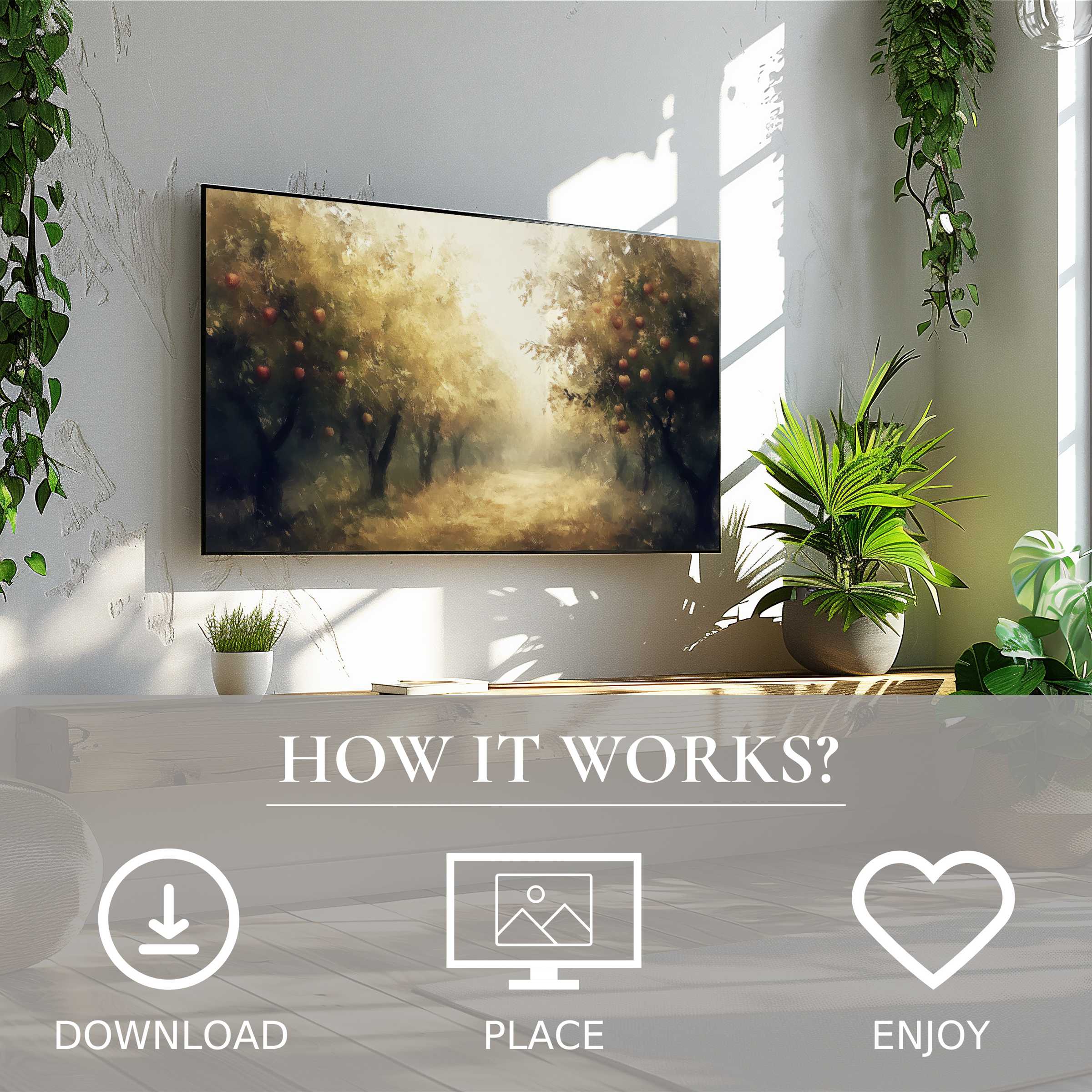 Fall art for Samsung TV shows soft golden orchard tones, easy digital download enriches modern living spaces