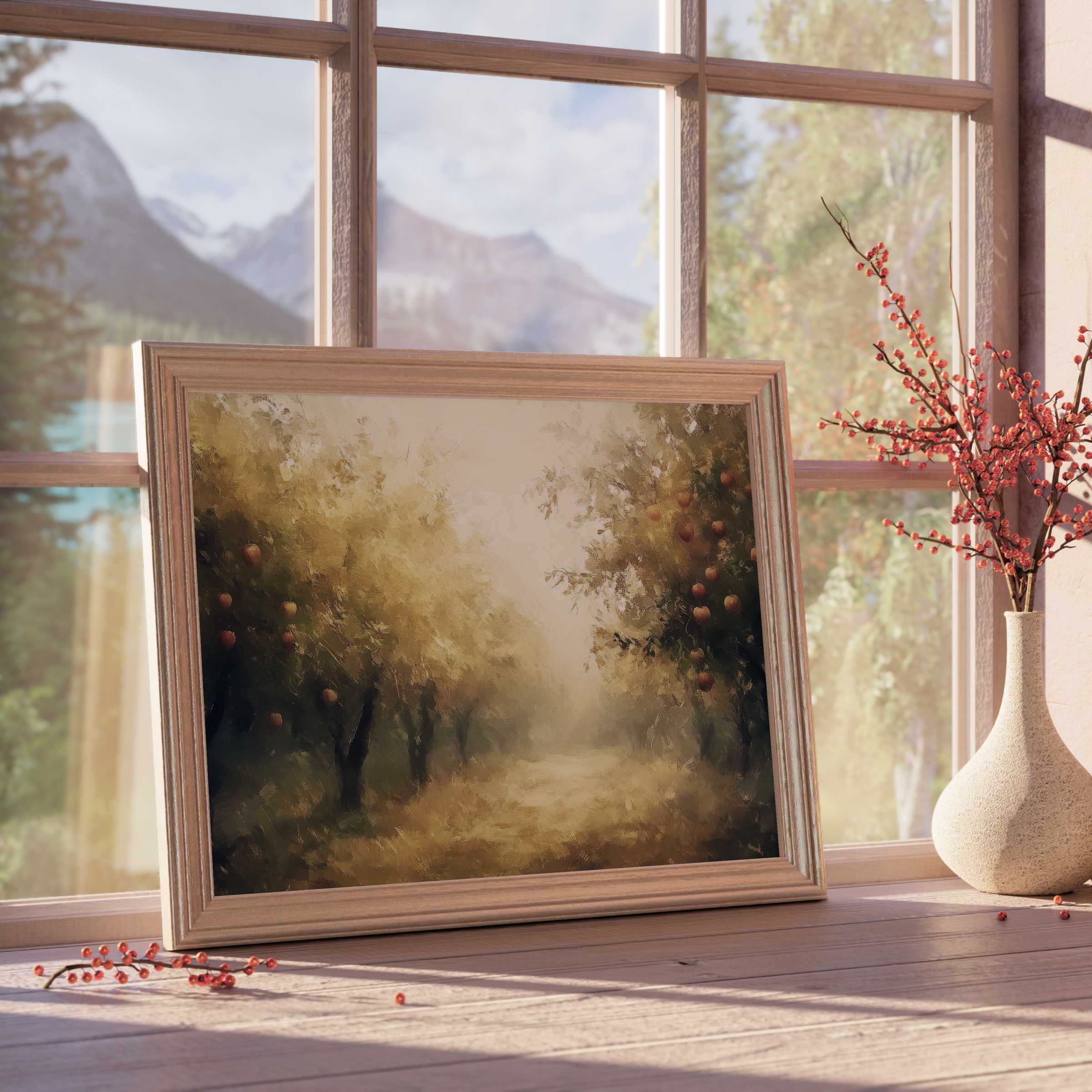 Fall downloadable art capturing a serene orchard path bathed in warm golden light, perfect for curated, tranquil interiors