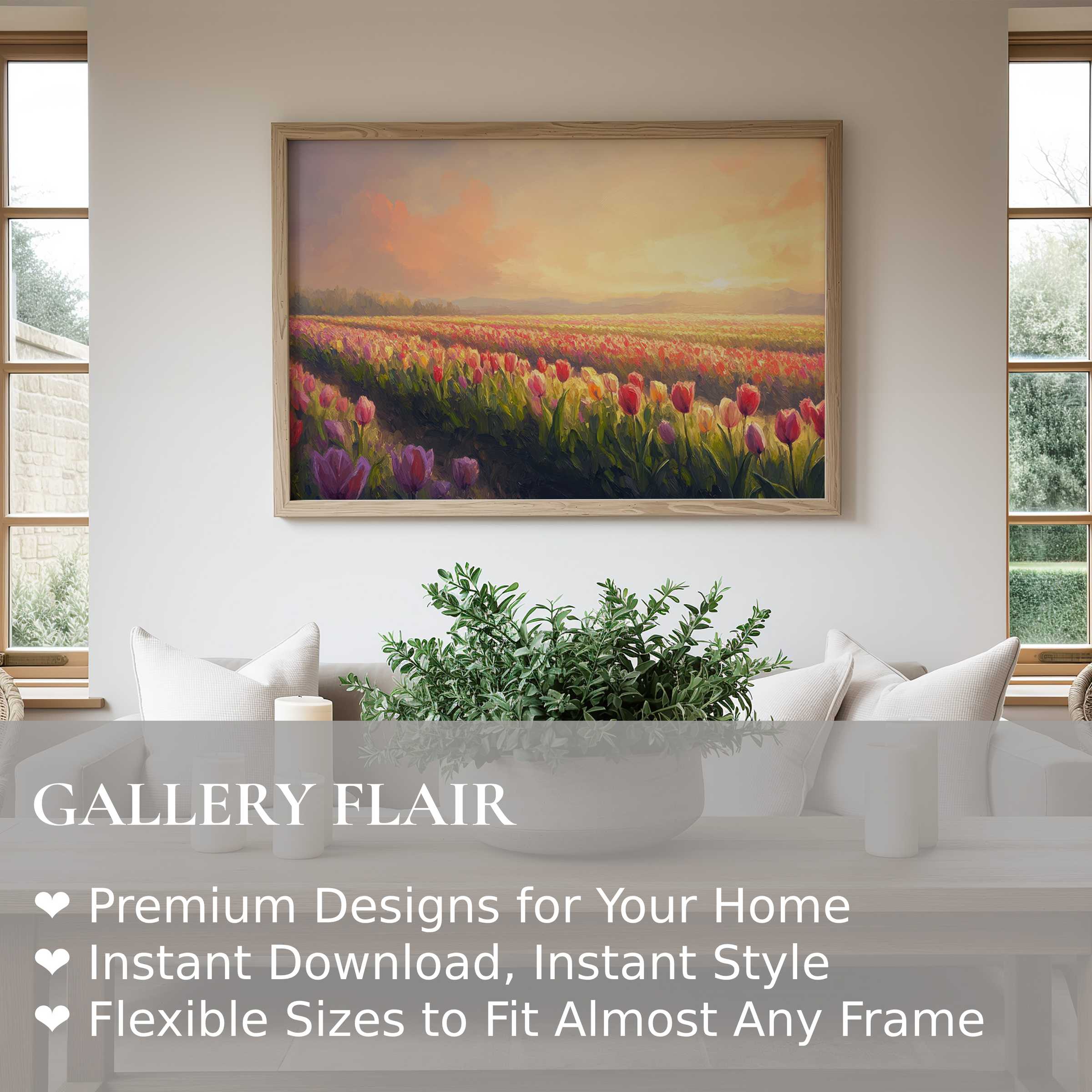 Spring wall art print capturing a radiant tulip field at sunset, enhancing modern rustic interiors with calming, natural elegance