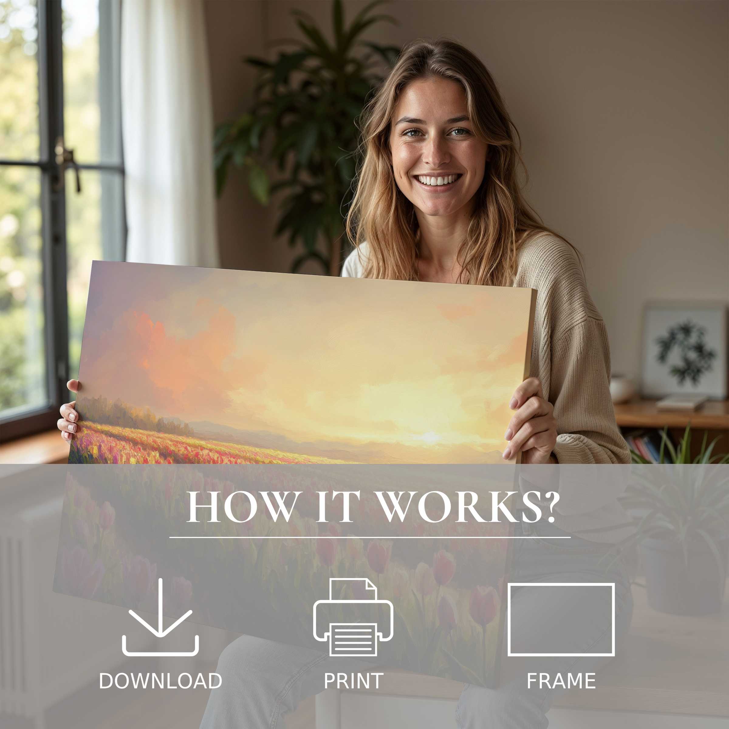 Radiant spring digital art print embraced in a sunlit modern home, evoking warmth and joyful connection with art