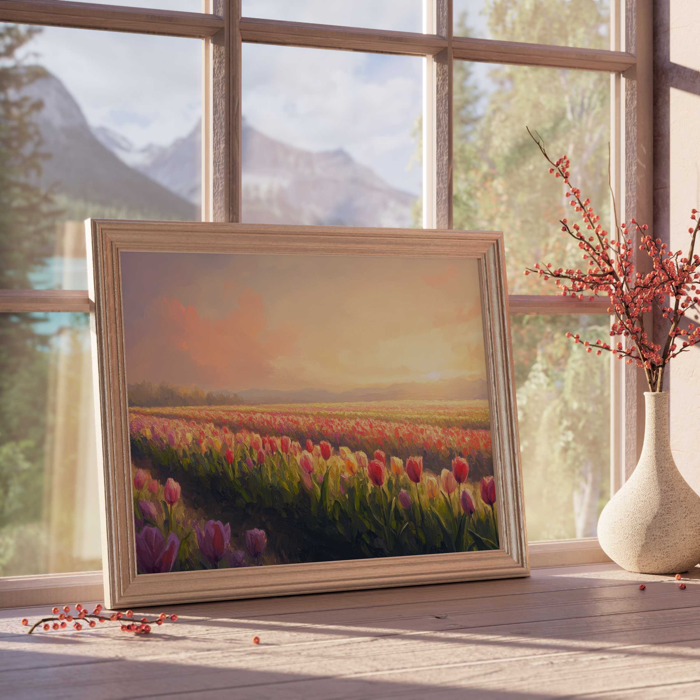 Spring downloadable art capturing a serene tulip field at sunset, elevating tranquil, curated interiors with warm natural light