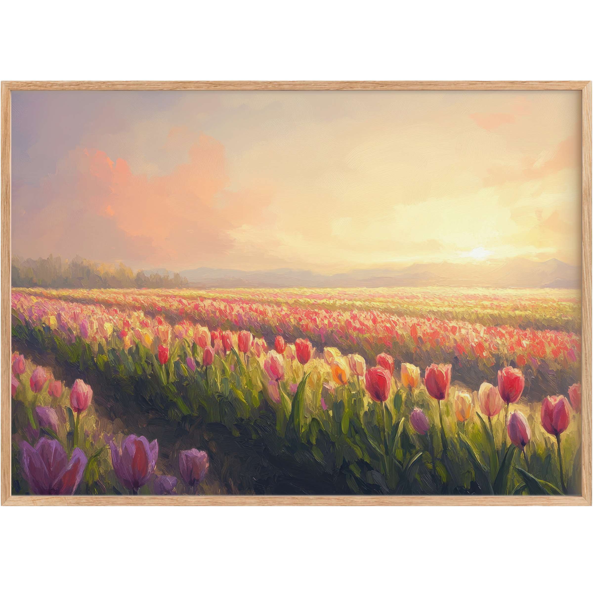 Radiant spring printable wall art capturing soft pink tulips bathed in golden light, evoking warmth and serene elegance