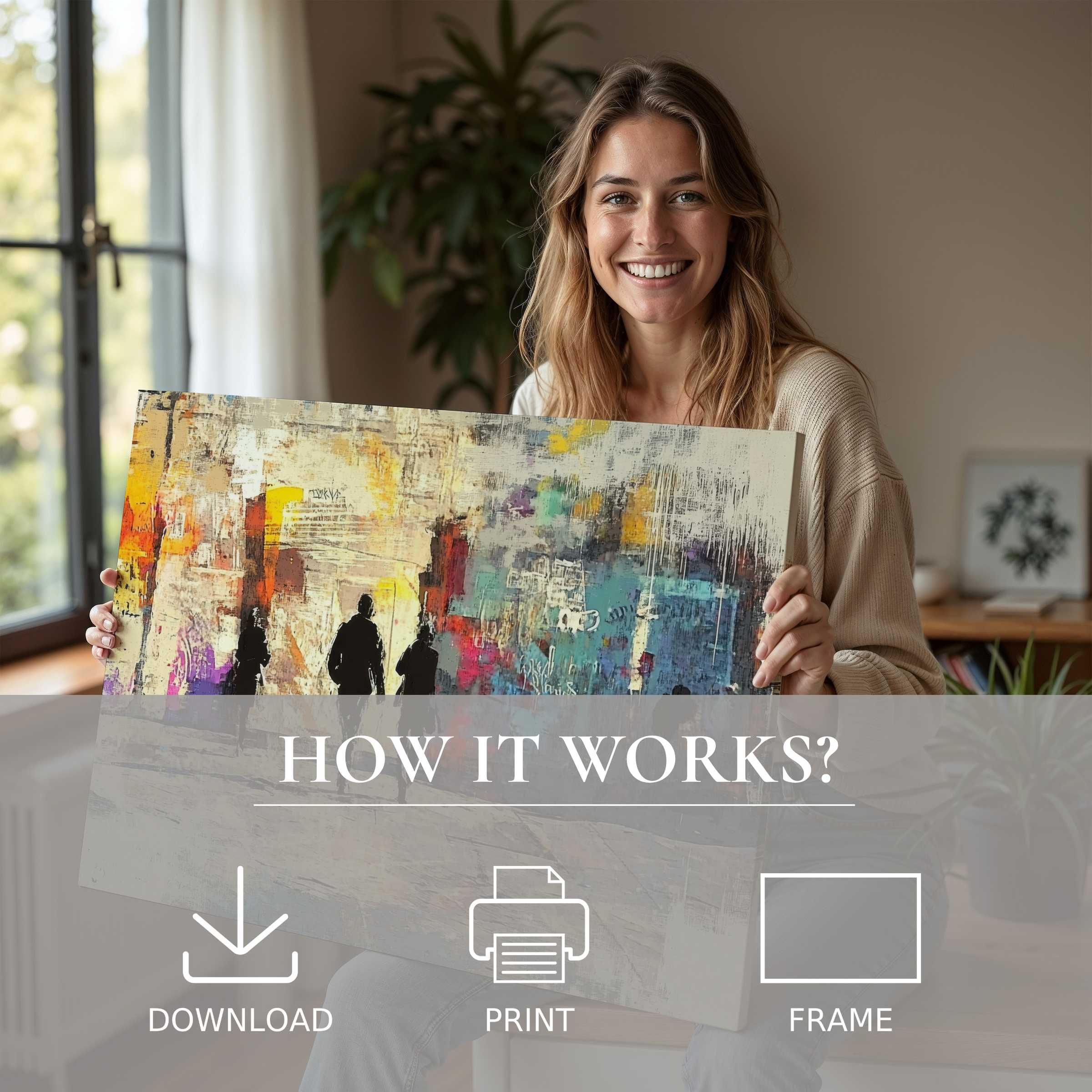 Radiant woman in a serene modern home cherishes an urban digital art print, celebrating effortless elegance and joyful connection