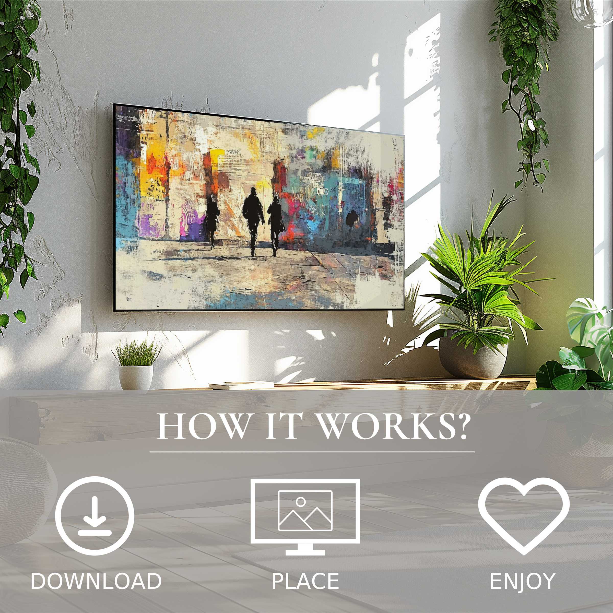 Urban art for Samsung TV: vibrant color flow motif, simple digital download, enriches modern living spaces with ease