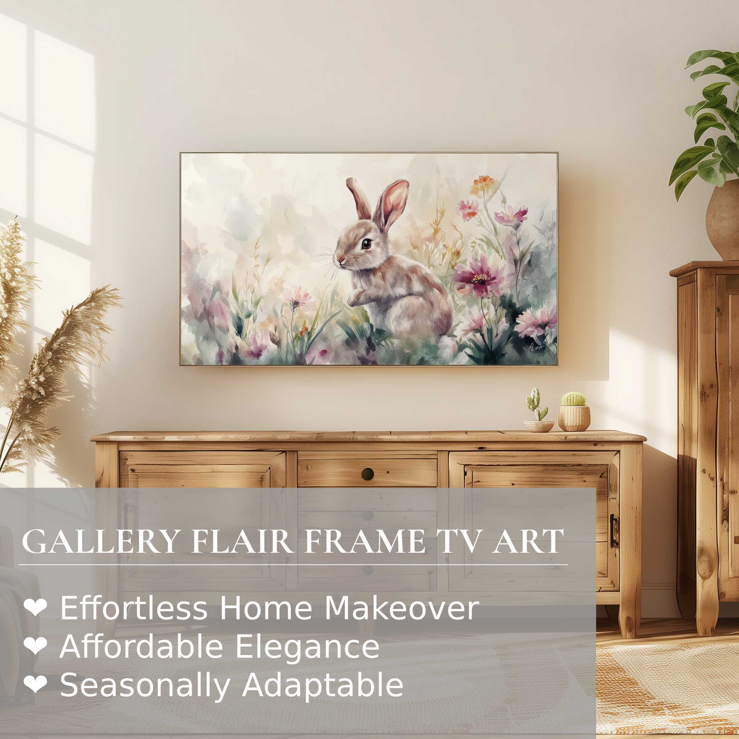 Samsung Frame TV displaying elegant easter digital artwork of a soft watercolor bunny in floral setting