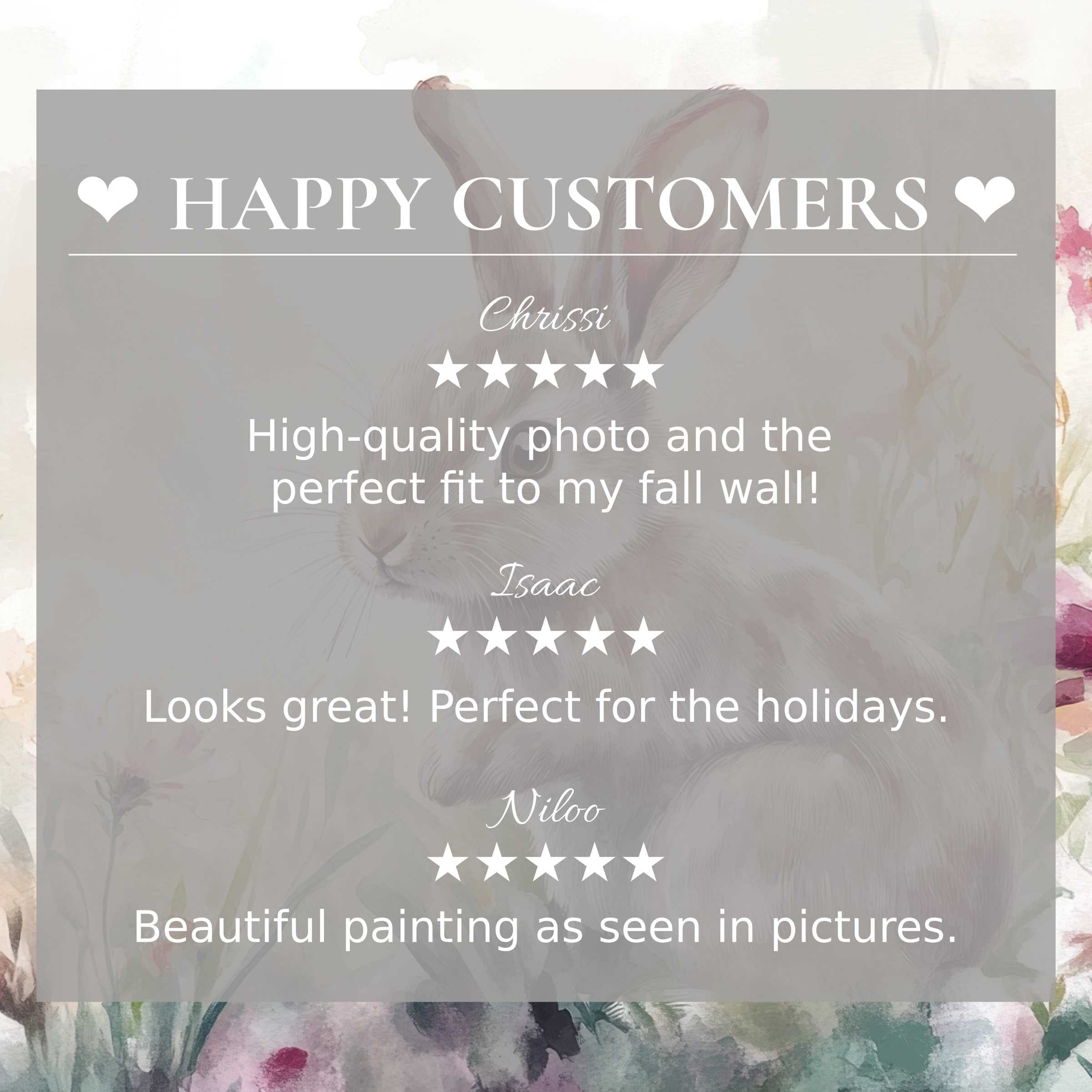 Elegant easter art for Frame TV with soft pastel florals and a rabbit, showcasing happy customer reviews and refined style