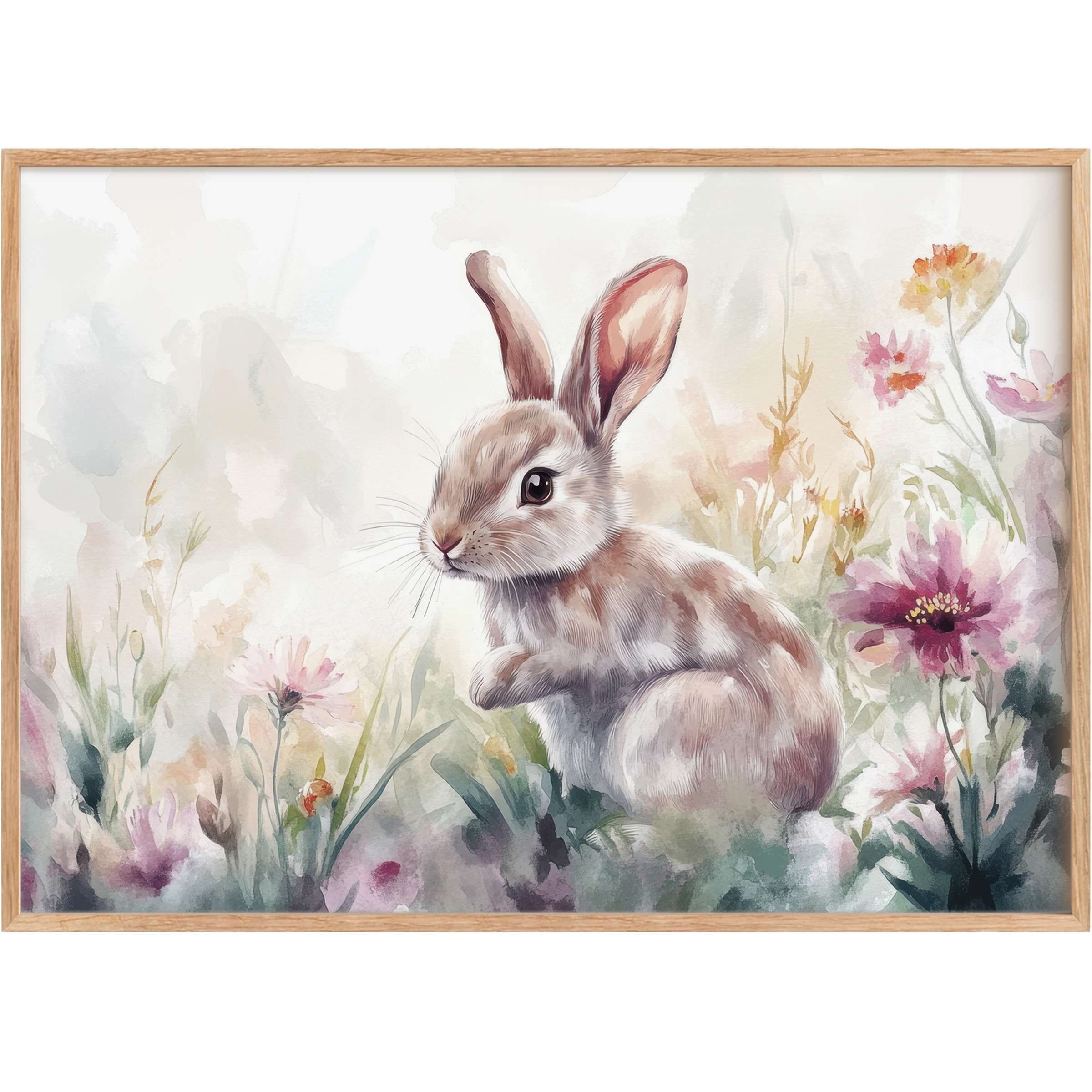 Easter printable wall art featuring a gentle bunny amidst soft pastel blooms, creating a serene and radiant springtime aura