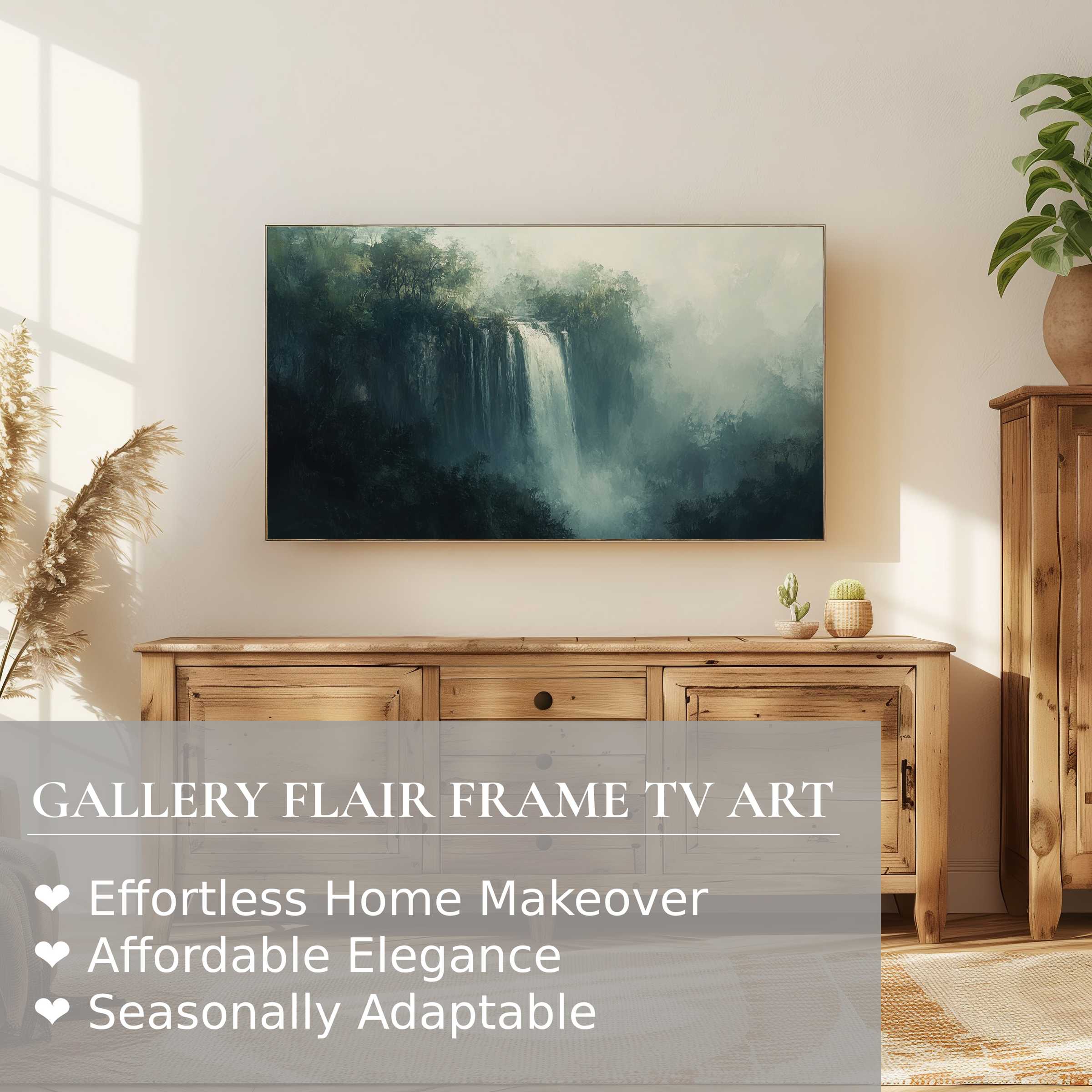 Elegant Samsung Frame TV displaying moody waterfall landscape digital artwork in a serene, modern living space
