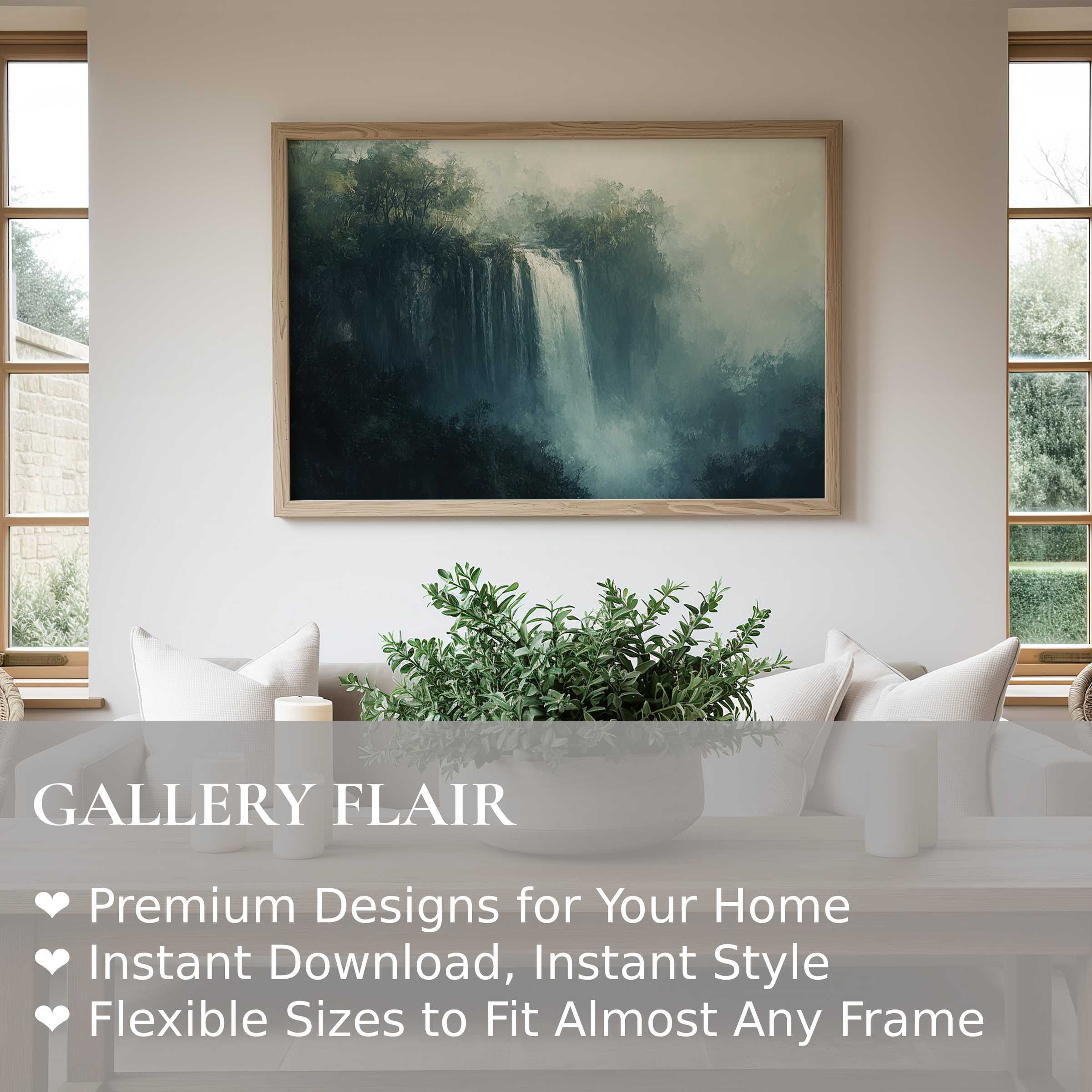 Moody landscape wall art print featuring a serene waterfall amidst misty forest tones, elevating modern minimalist interiors with calming nature vibes