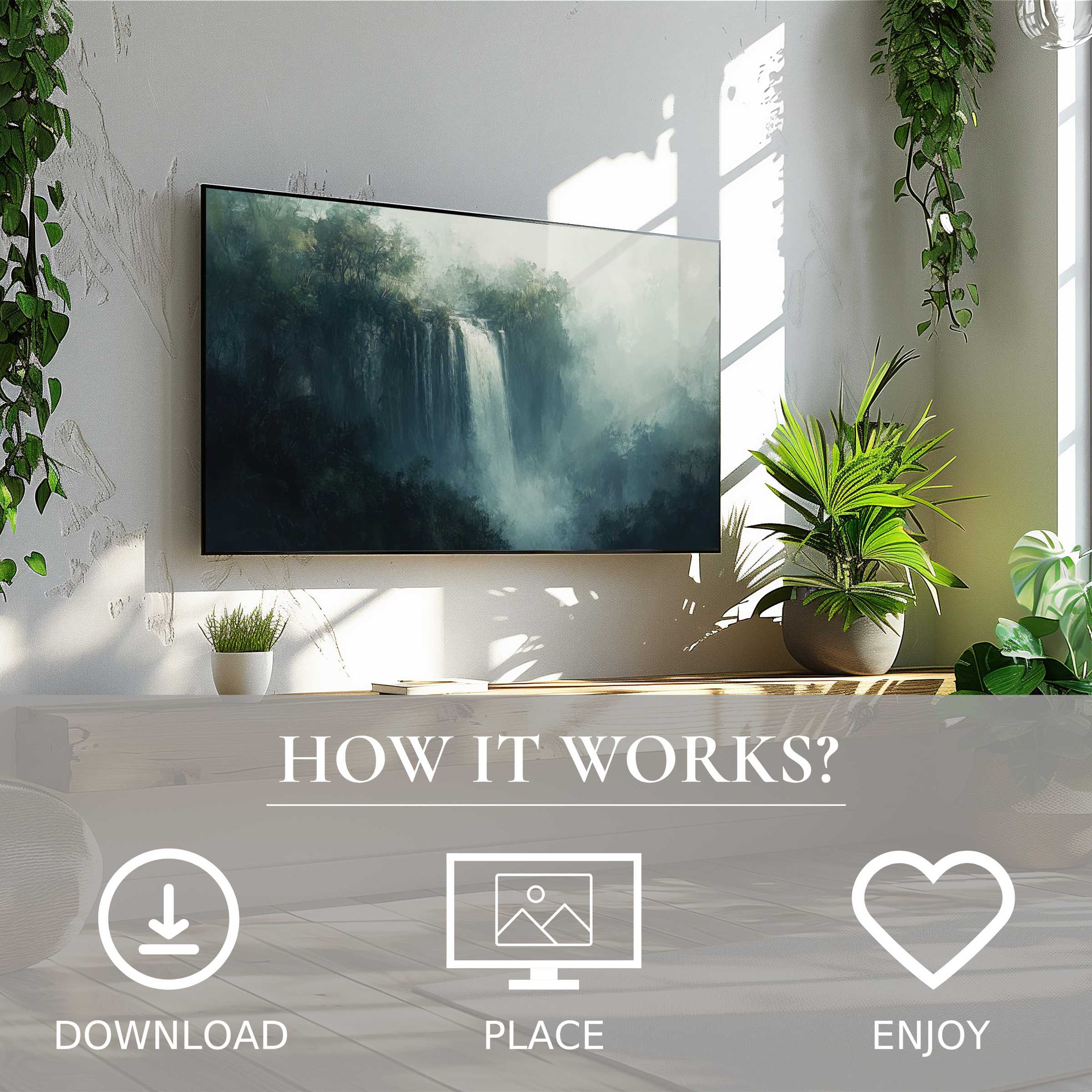 Modern living room with landscape art for Samsung TV, misty waterfall motif, easy digital download, enriches space