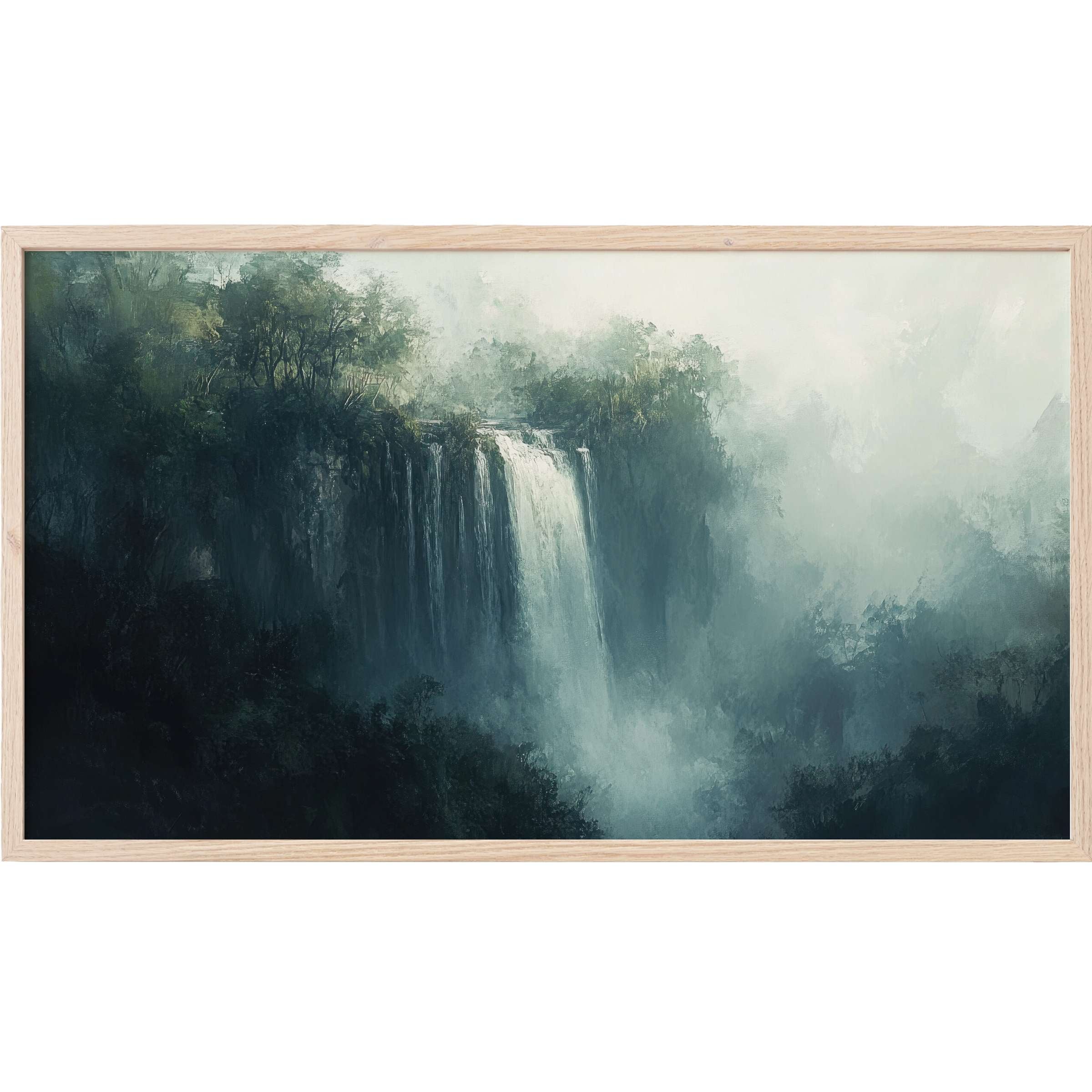 Misty waterfall cascading through dense dark greens and blues in elegant, modern landscape Frame TV Art