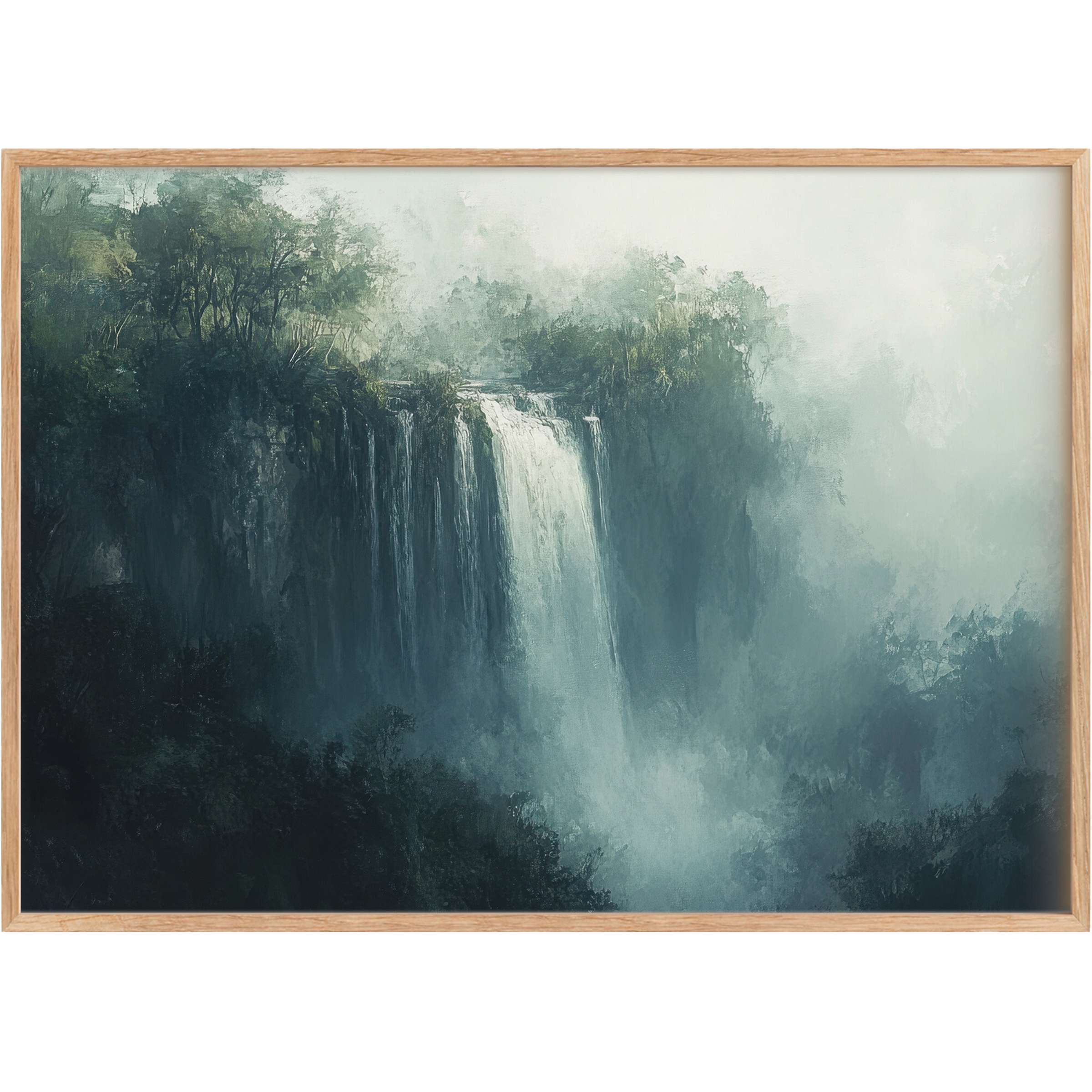 Mist-shrouded waterfall cascades through deep emerald and slate greens, evoking a serene, landscape printable wall art mood