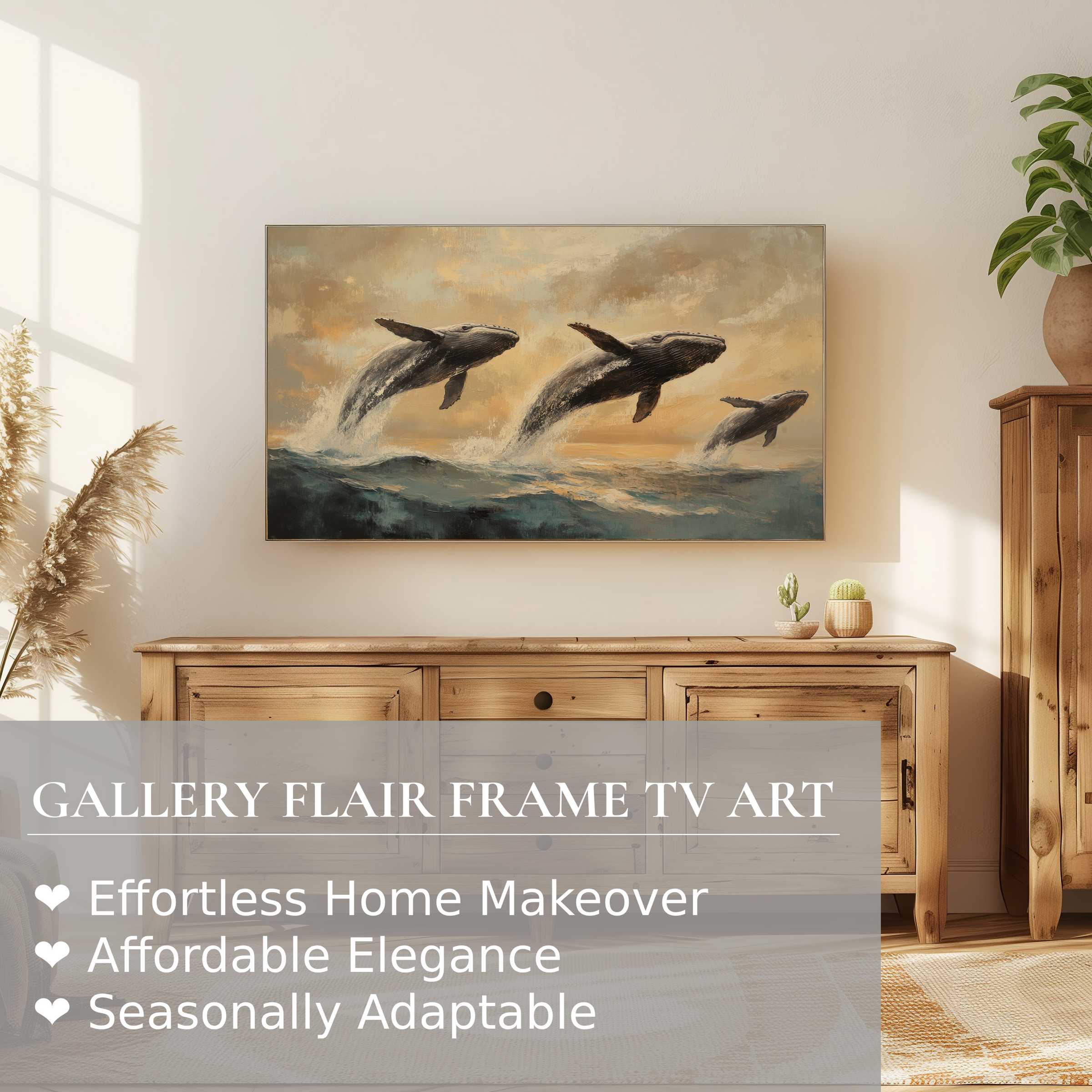 Samsung Frame TV displaying elegant beach digital artwork of breaching whales in a serene coastal setting