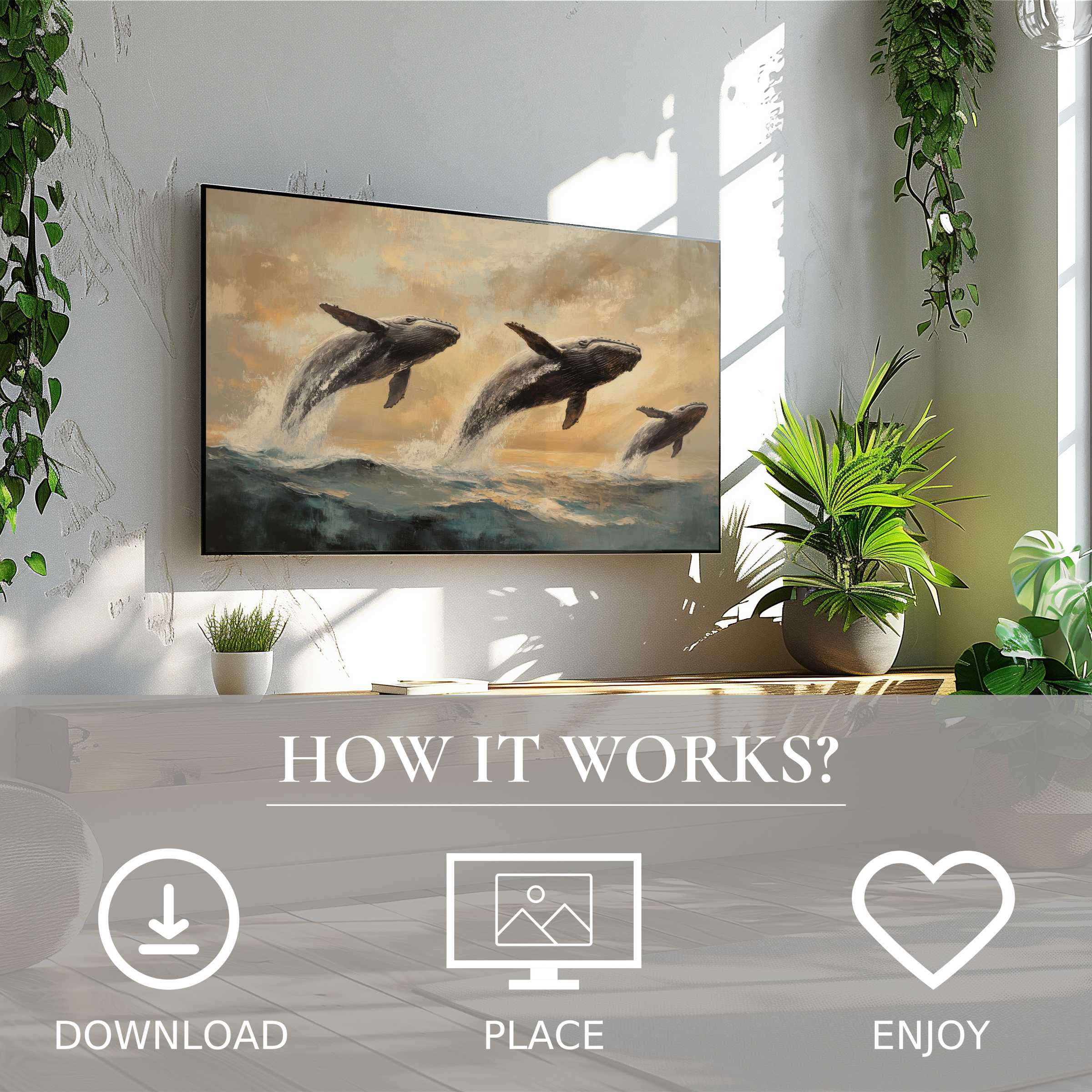 Modern living room with green plants showcasing beach art for Samsung TV; whales in soft sunset tones, easy digital download