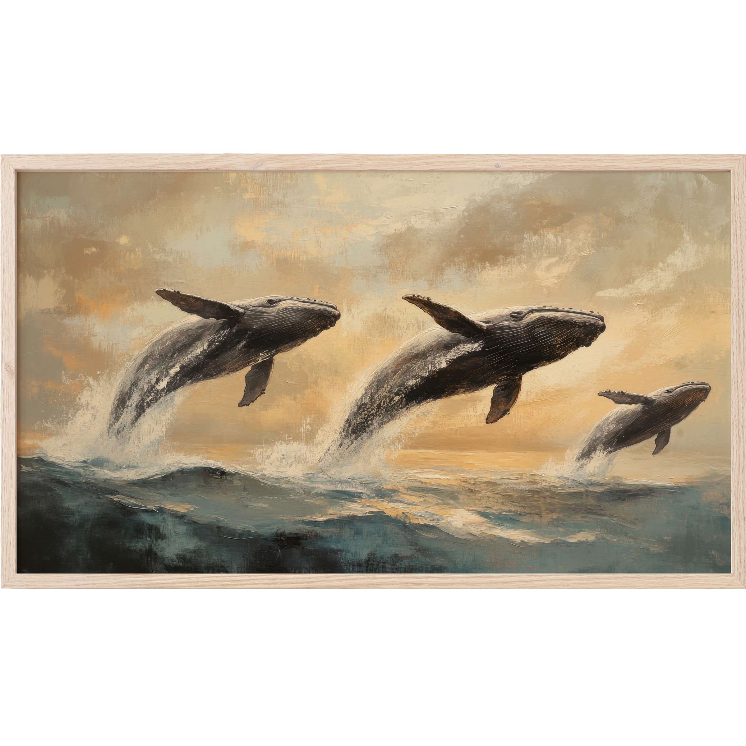 Elegant beach Frame TV Art depicting three whales leaping in muted blues and warm golden tones